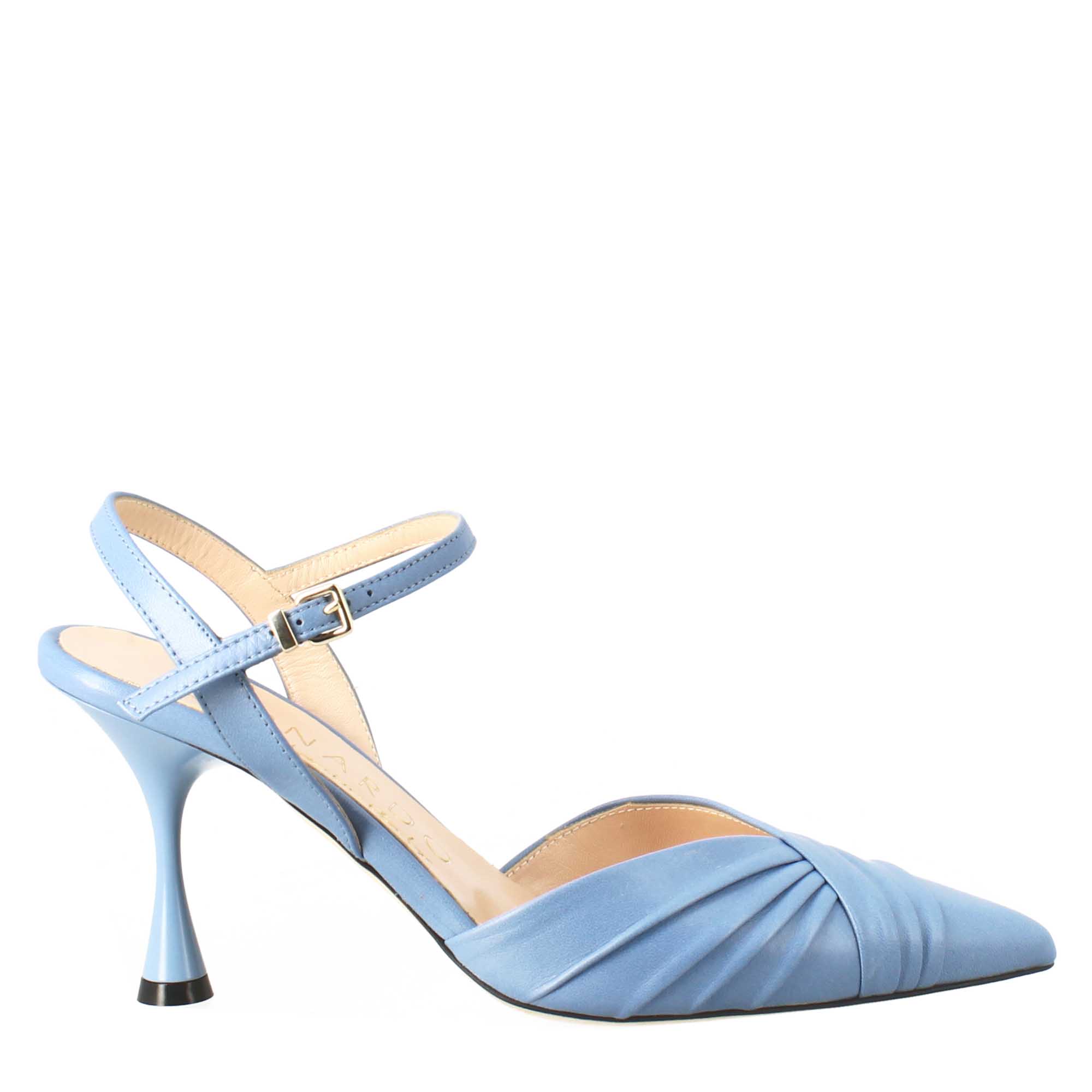 Woman's pointed toe sandal in light blue pleated leather with high heel