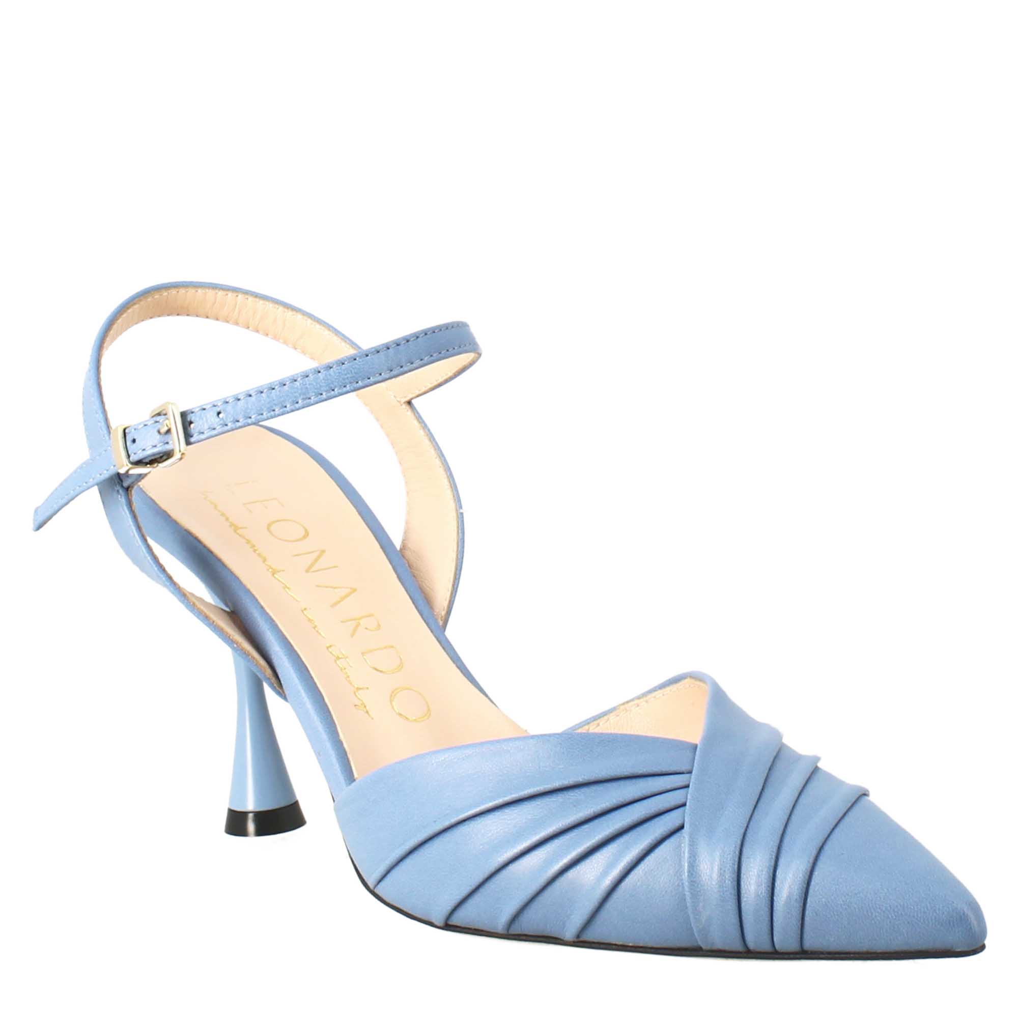 Woman's pointed toe sandal in light blue pleated leather with high heel