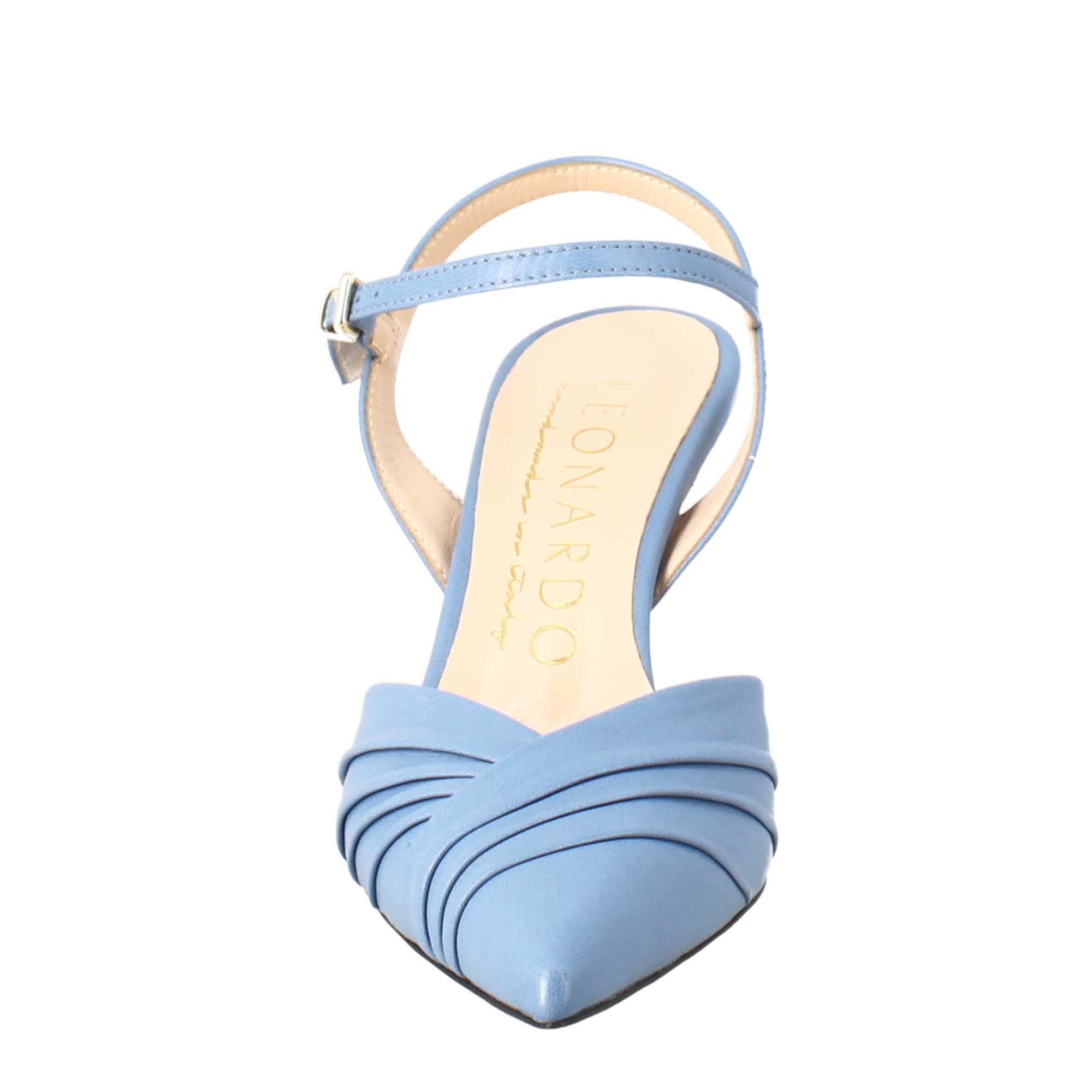 Woman's pointed toe sandal in light blue pleated leather with high heel