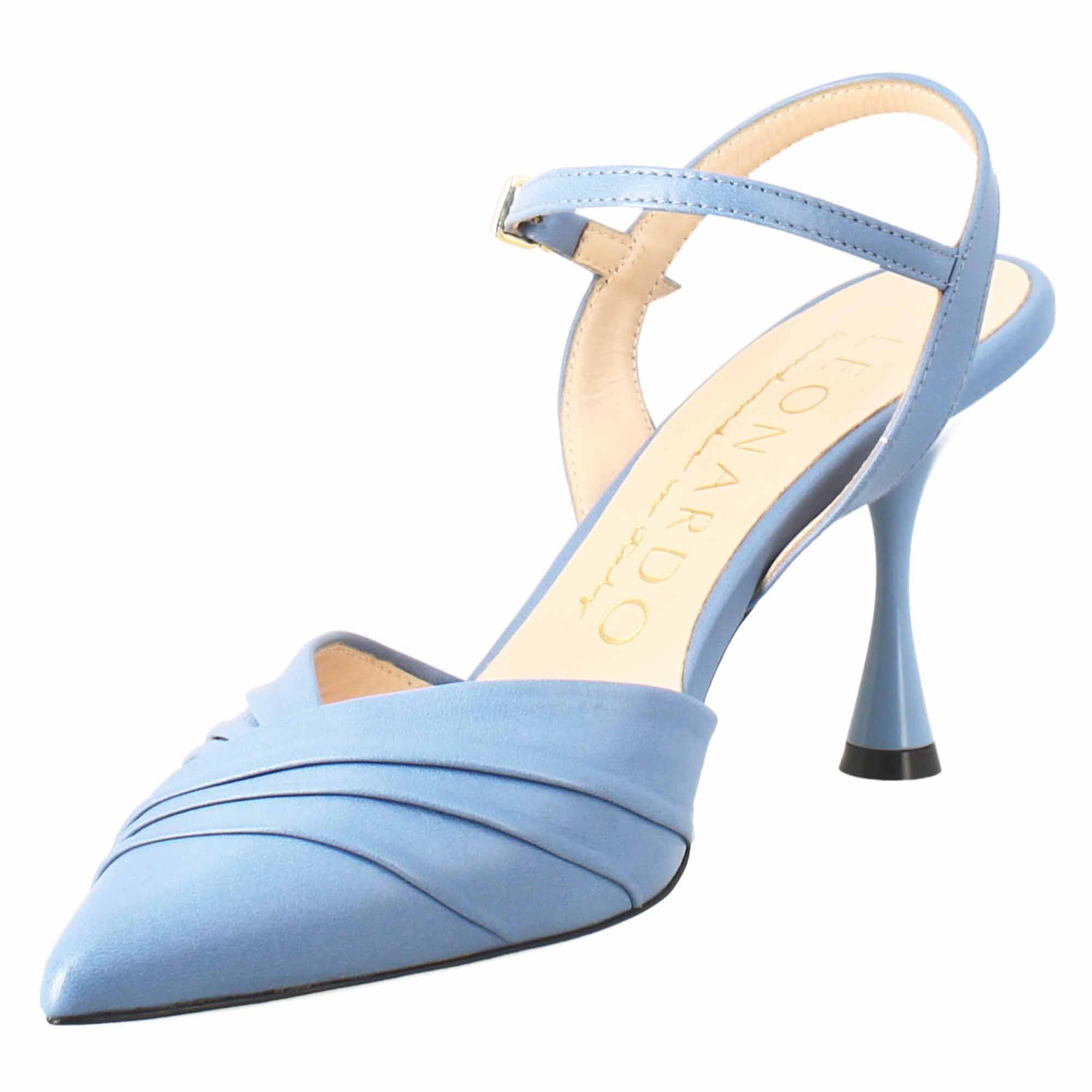 Woman's pointed toe sandal in light blue pleated leather with high heel