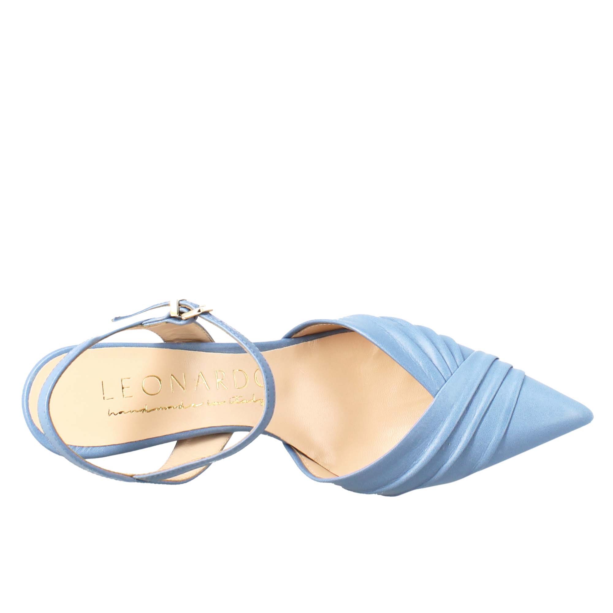 Woman's pointed toe sandal in light blue pleated leather with high heel