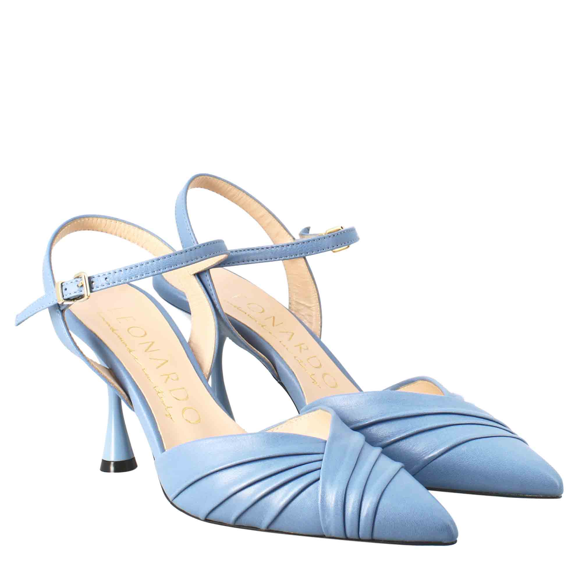 Woman's pointed toe sandal in light blue pleated leather with high heel