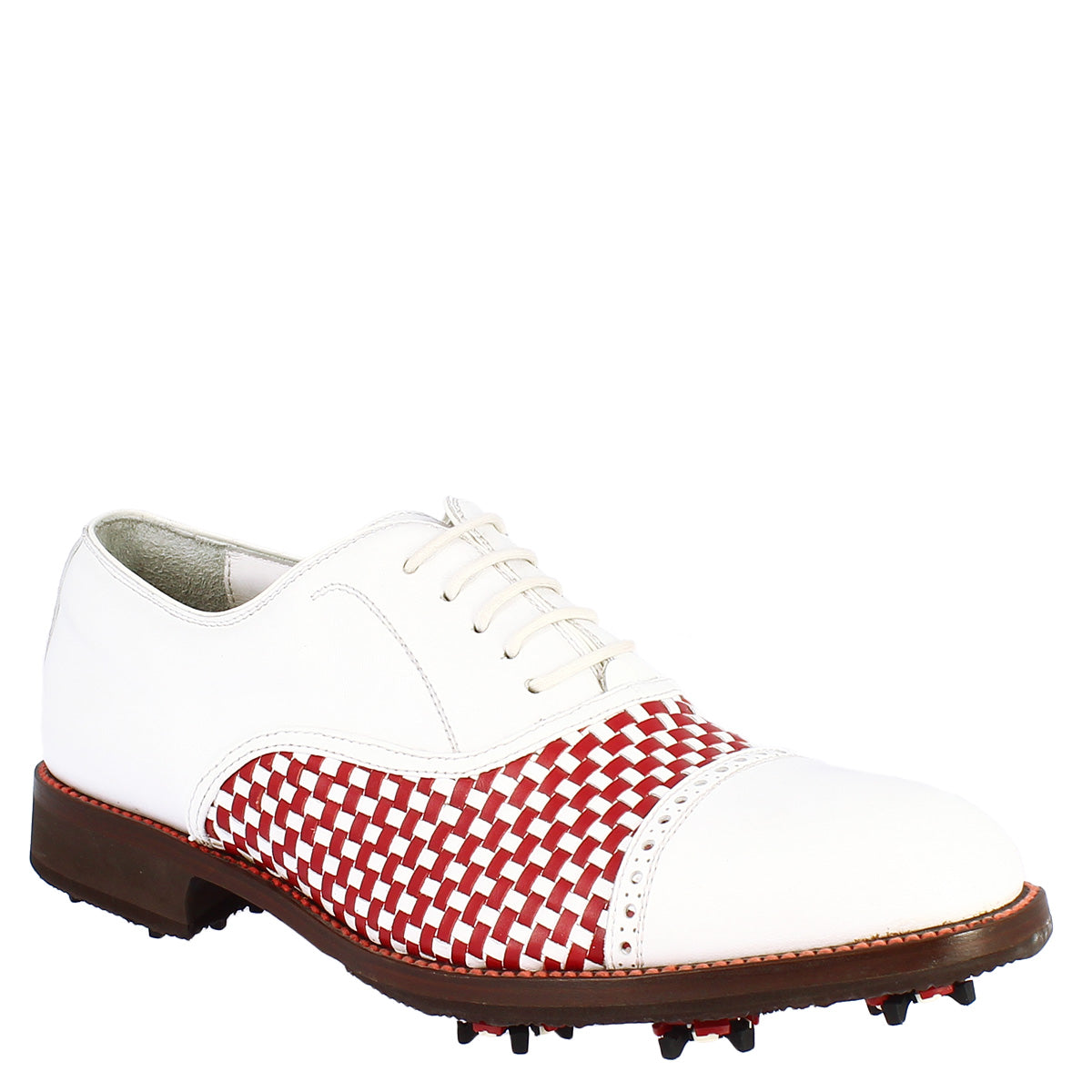 Classic handmade men's golf shoes in white red calf leather