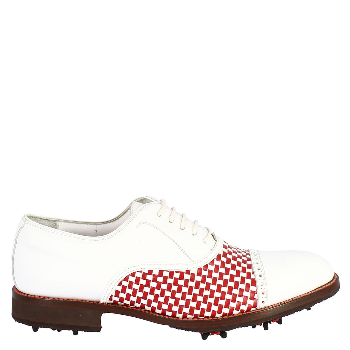 Classic handmade men's golf shoes in white red calf leather