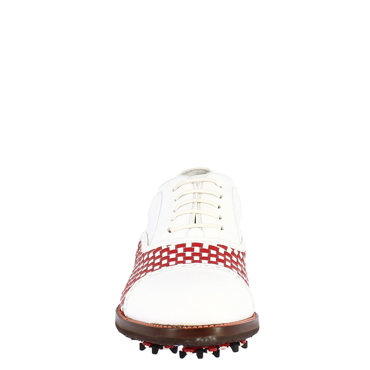 Scarpe classiche da golf donna artigianali in pelle bianca rossa