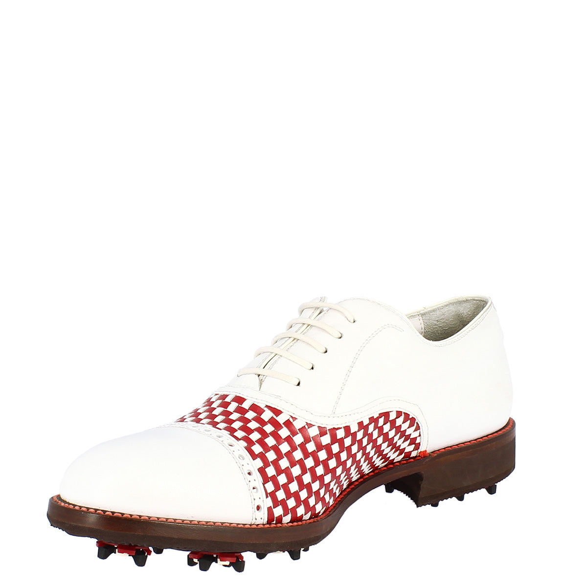 Scarpe classiche da golf donna artigianali in pelle bianca rossa