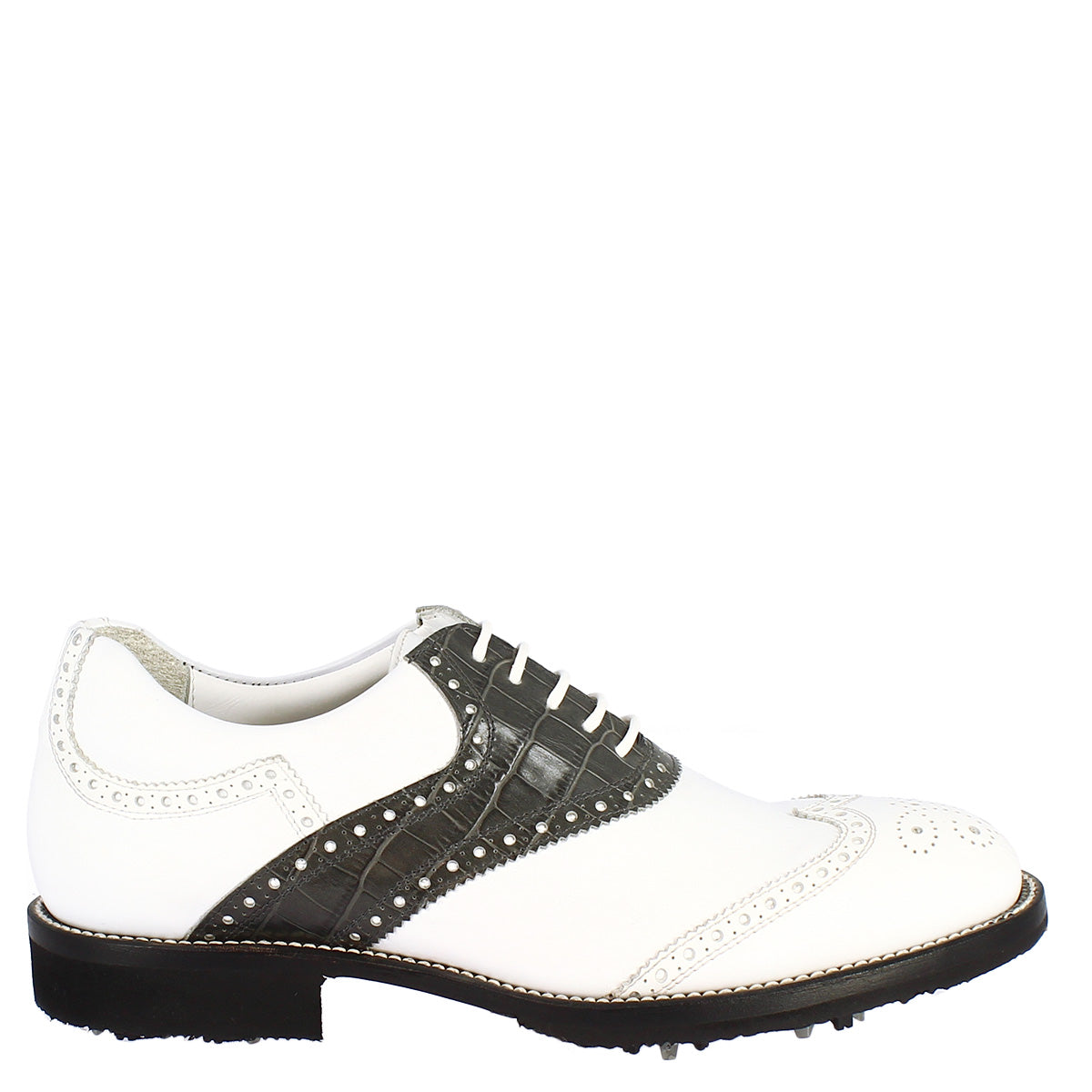 Handcrafted classic men's golf shoes in white grey leather