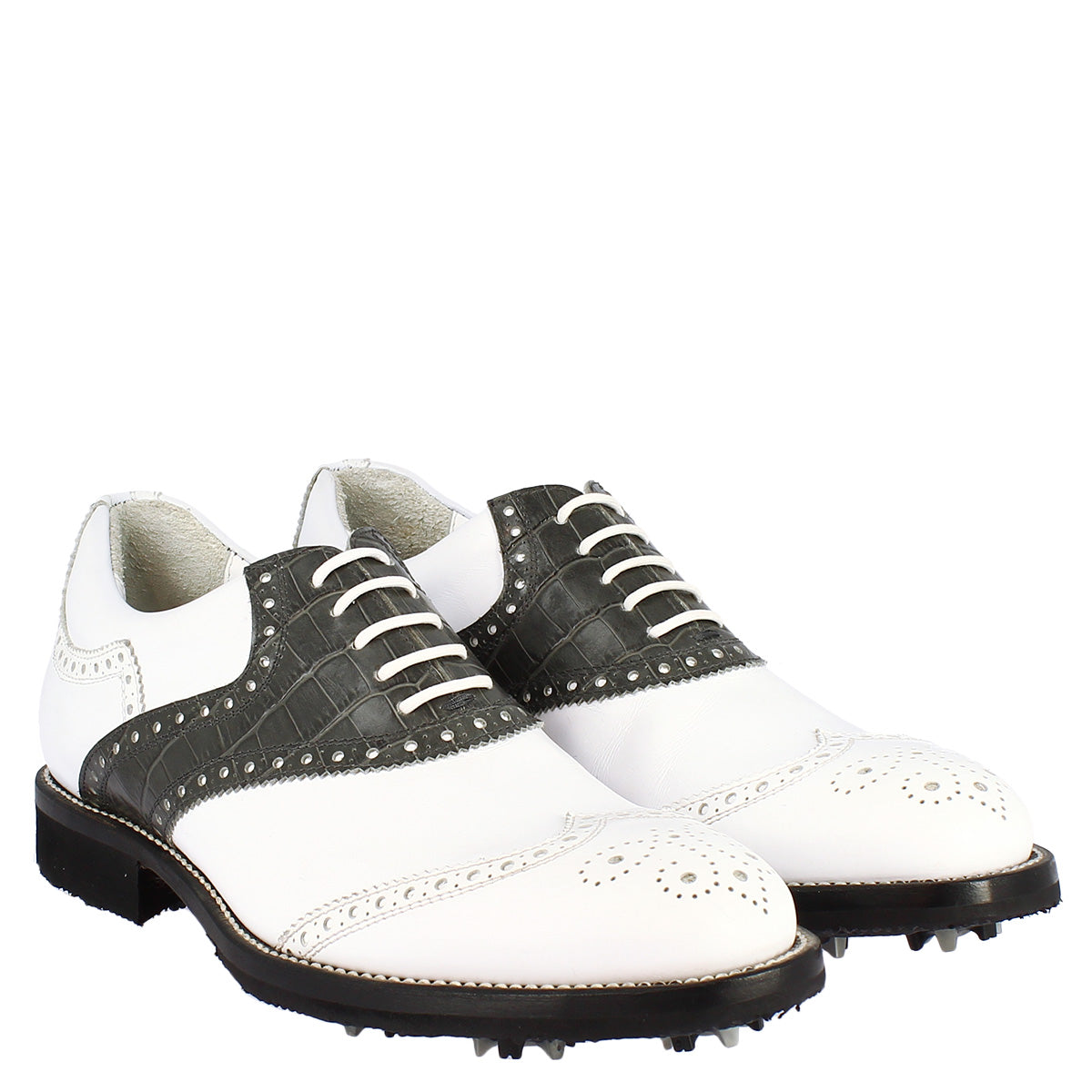 Scarpe da golf uomo classiche artigianali in pelle bianca grigia