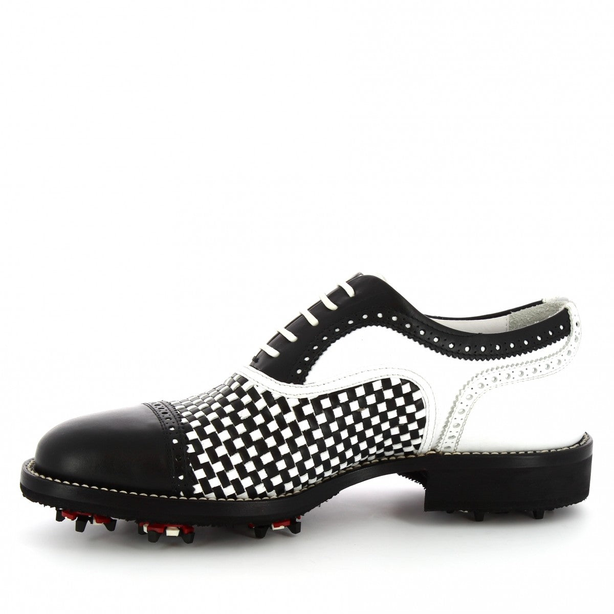 Scarpe da golf classiche artigianali unisex in pelle di vitello bianca nera