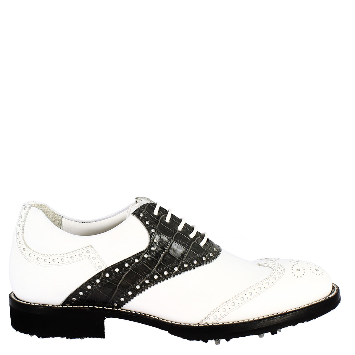 Scarpe golf donna artigianali in pelle pieno fiore bianco nero