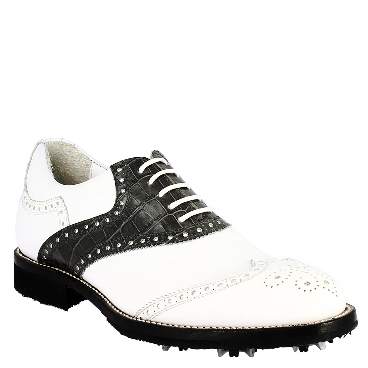 Scarpe golf uomo artigianali in pelle pieno fiore bianco nero