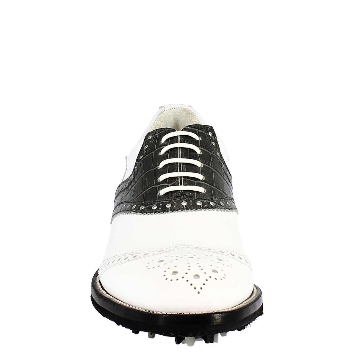 Scarpe golf uomo artigianali in pelle pieno fiore bianco nero