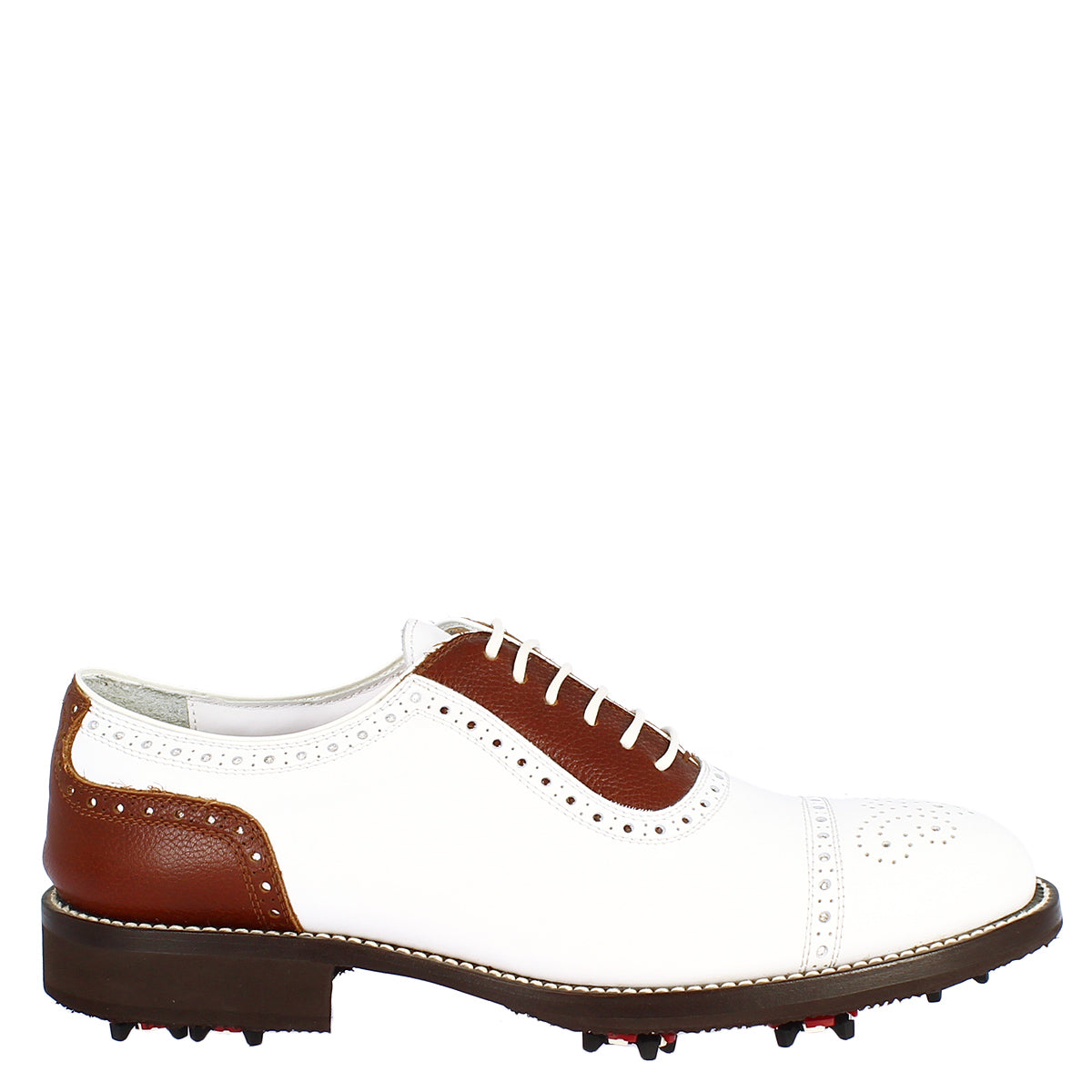 Handcrafted white leather brown classic men's golf shoes