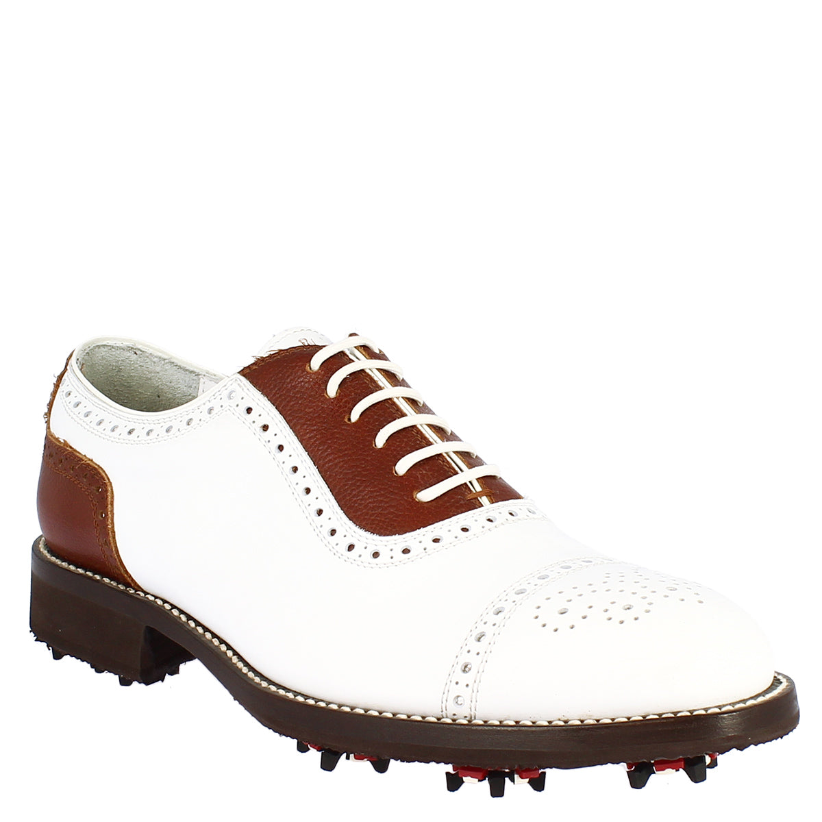 Scarpe da golf donna classiche artigianali in pelle bianca marrone