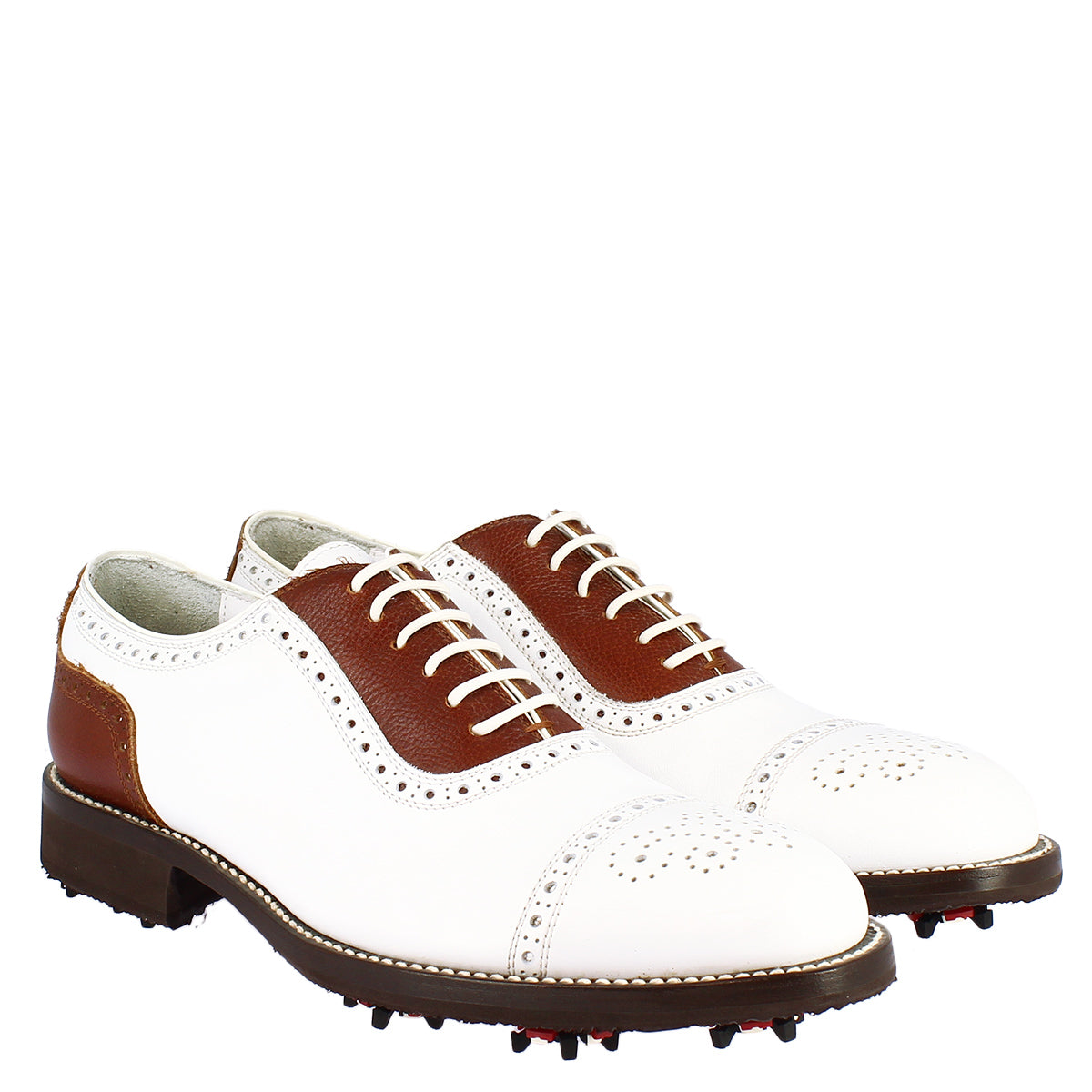 Scarpe da golf donna classiche artigianali in pelle bianca marrone