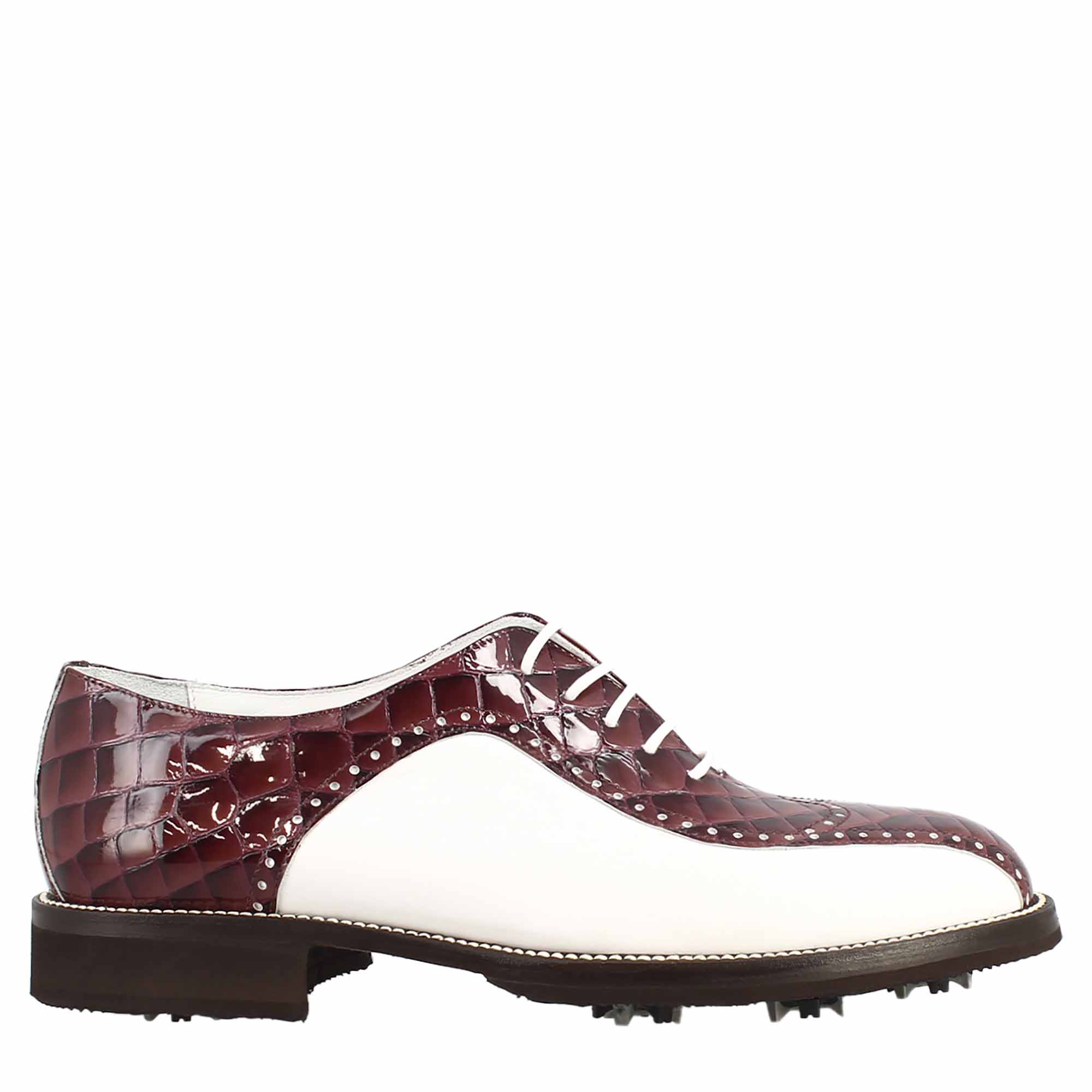 Handcrafted white and bordeaux coconut leather men's golf shoes