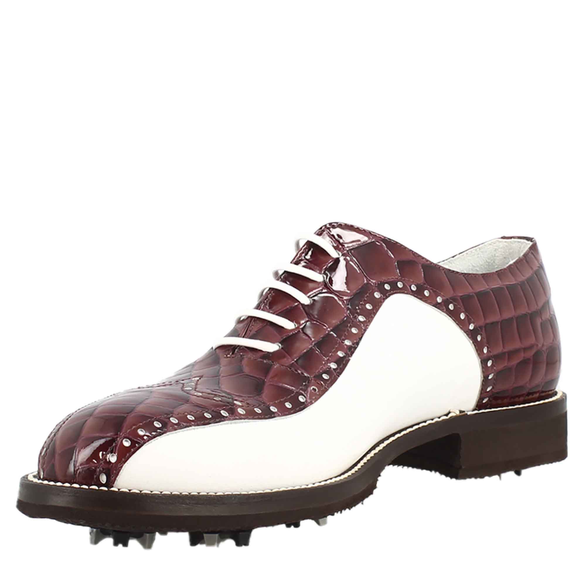 Scarpe da golf da donna colore bianco e bordeaux cocco artigianali in pelle