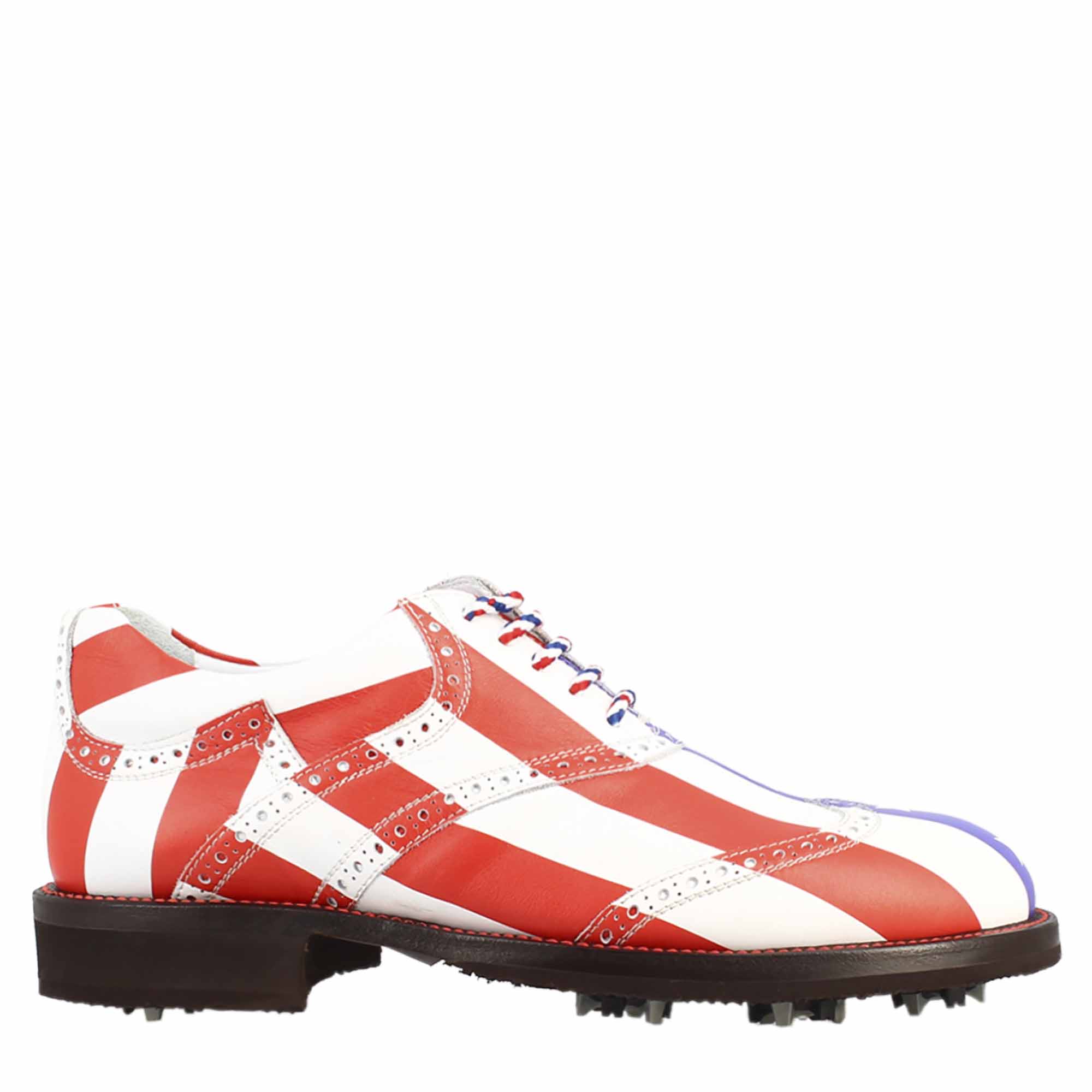 Scarpe da golf USA blu rosso e bianco dettagli brogue artigianali in pelle