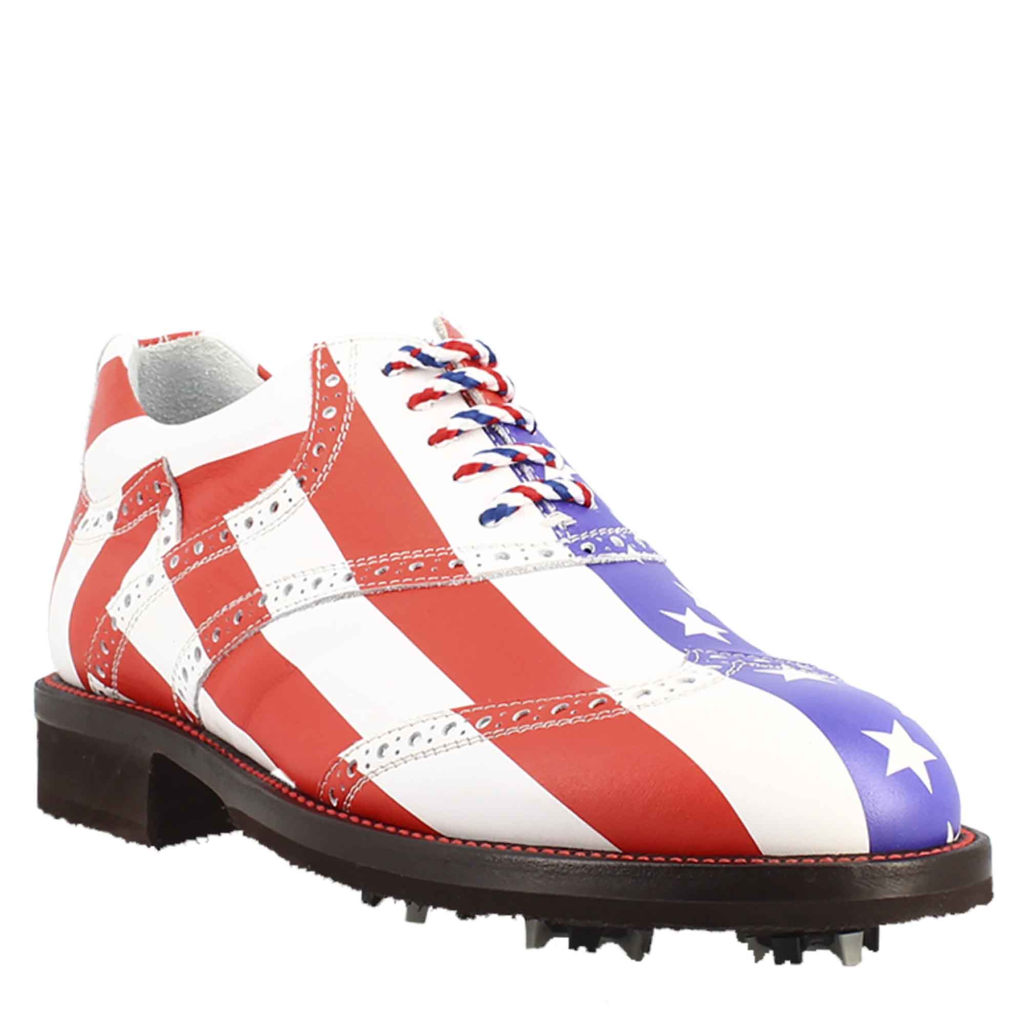 Scarpe da golf USA blu rosso e bianco dettagli brogue artigianali in pelle