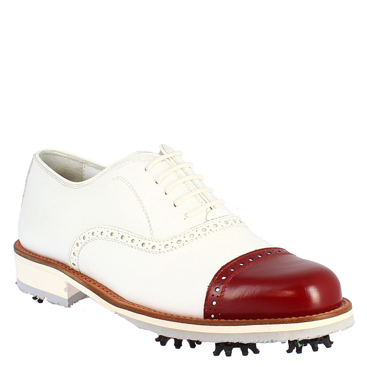 Handcrafted men's golf shoes in white leather with red toe cap