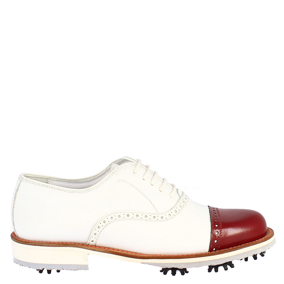 Chaussures de golf pour femmes fabriquées à la main en cuir blanc avec embout rouge