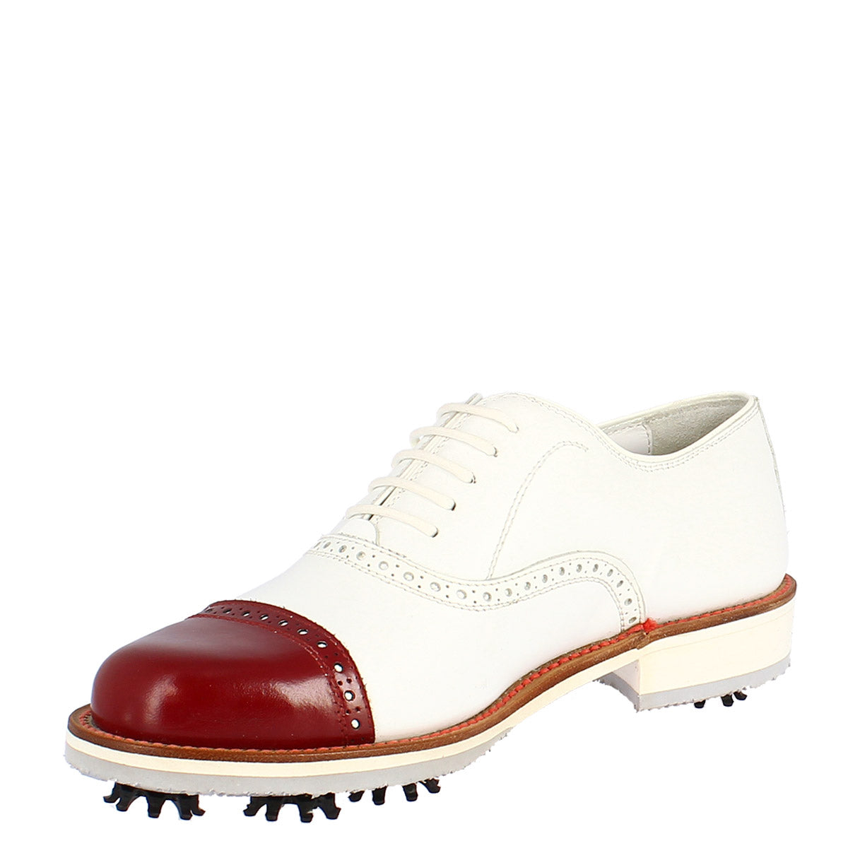 Chaussures de golf pour femmes fabriquées à la main en cuir blanc avec embout rouge