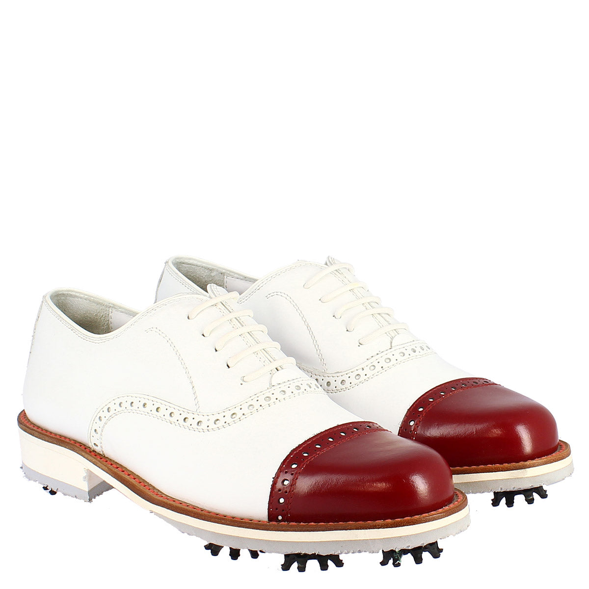 Scarpe golf uomo artigianali in pelle bianco con puntale rosso