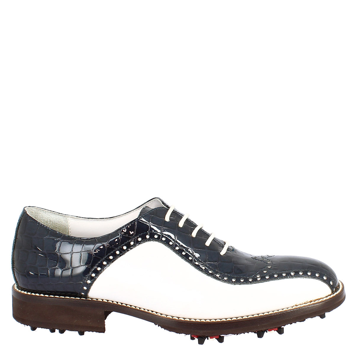 Scarpe golf artigianali in pelle pieno fiore bianco cocco blu