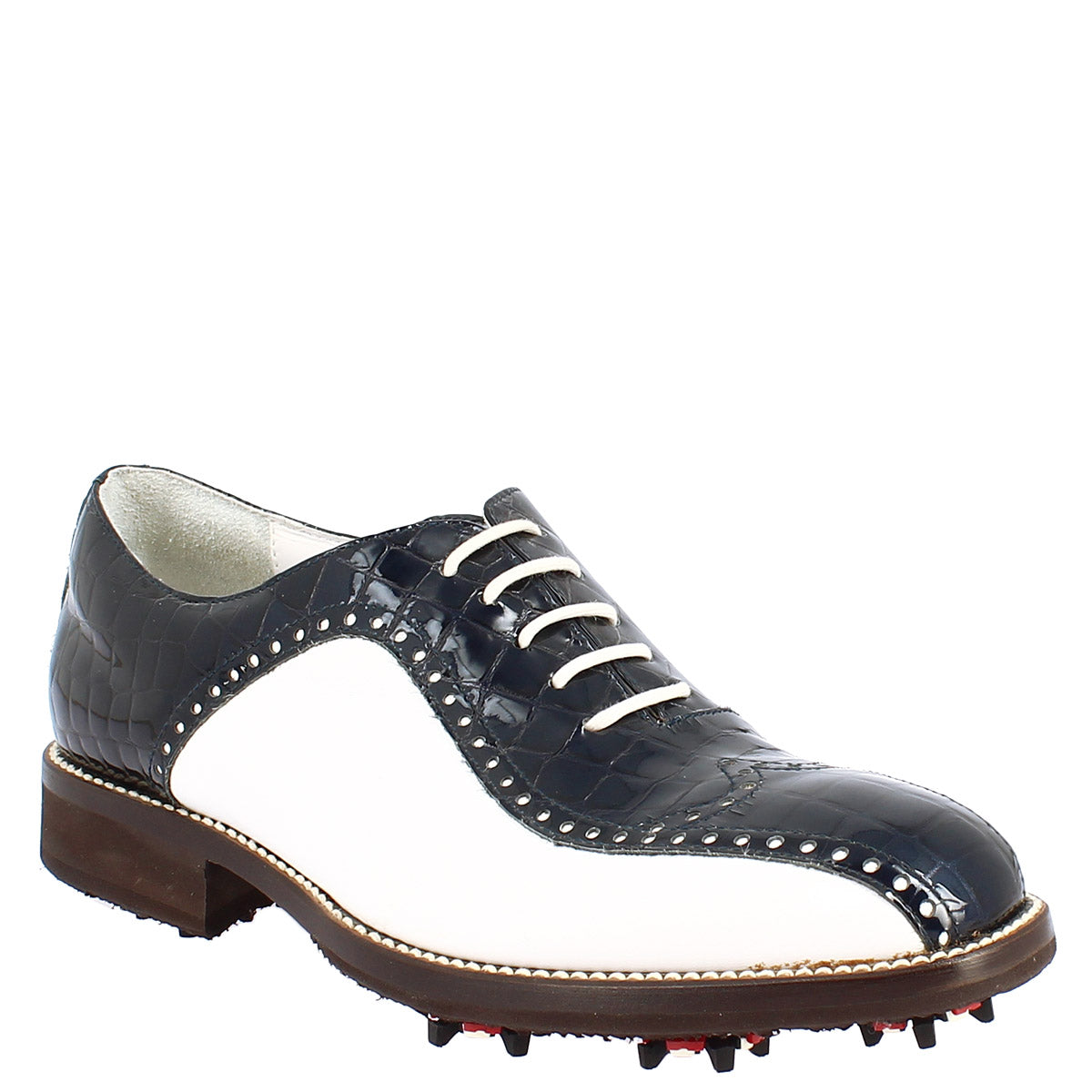 Scarpe golf artigianali in pelle pieno fiore bianco cocco blu