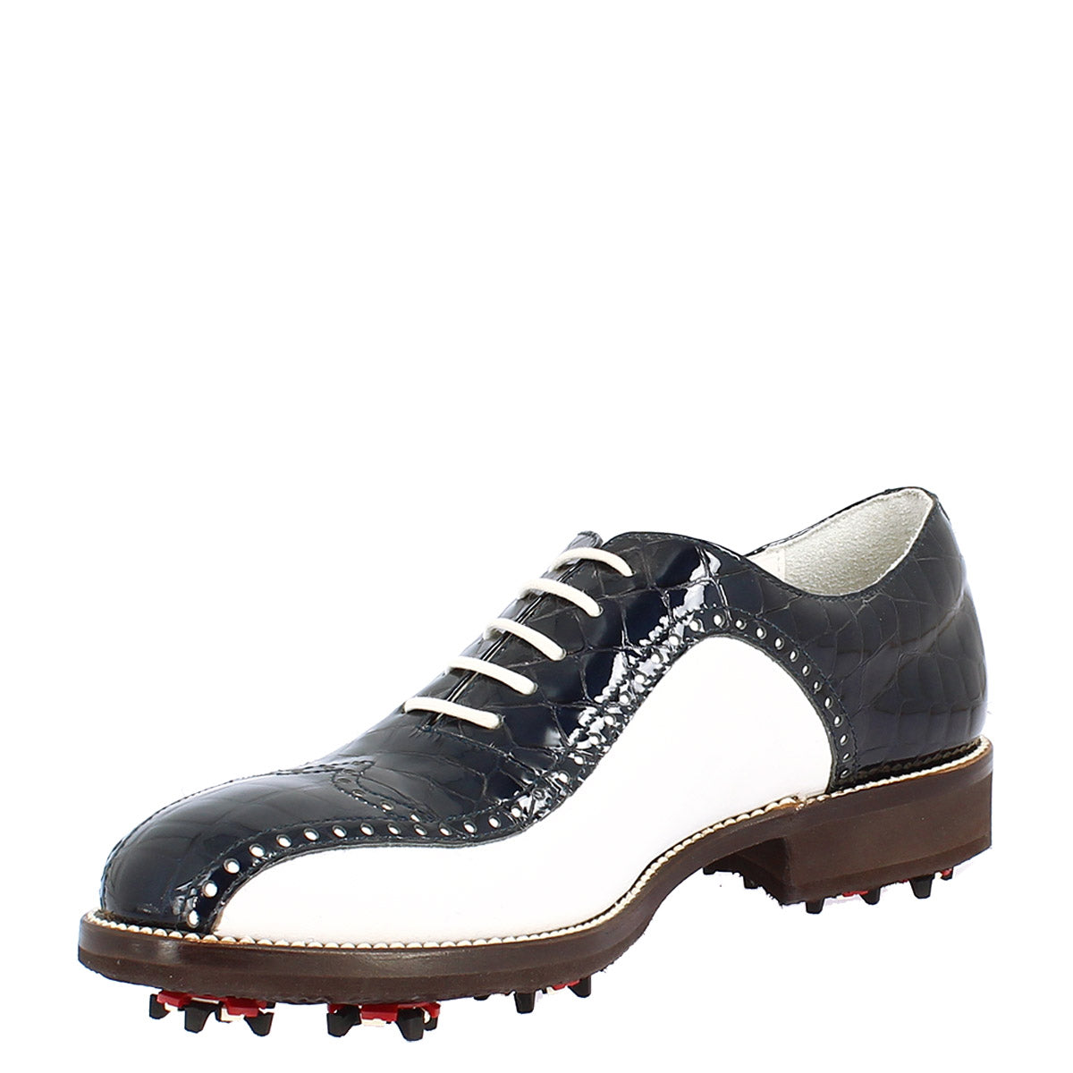 Chaussures de golf en cuir pleine fleur pour femmes, fabriquées à la main, blanc coco bleu