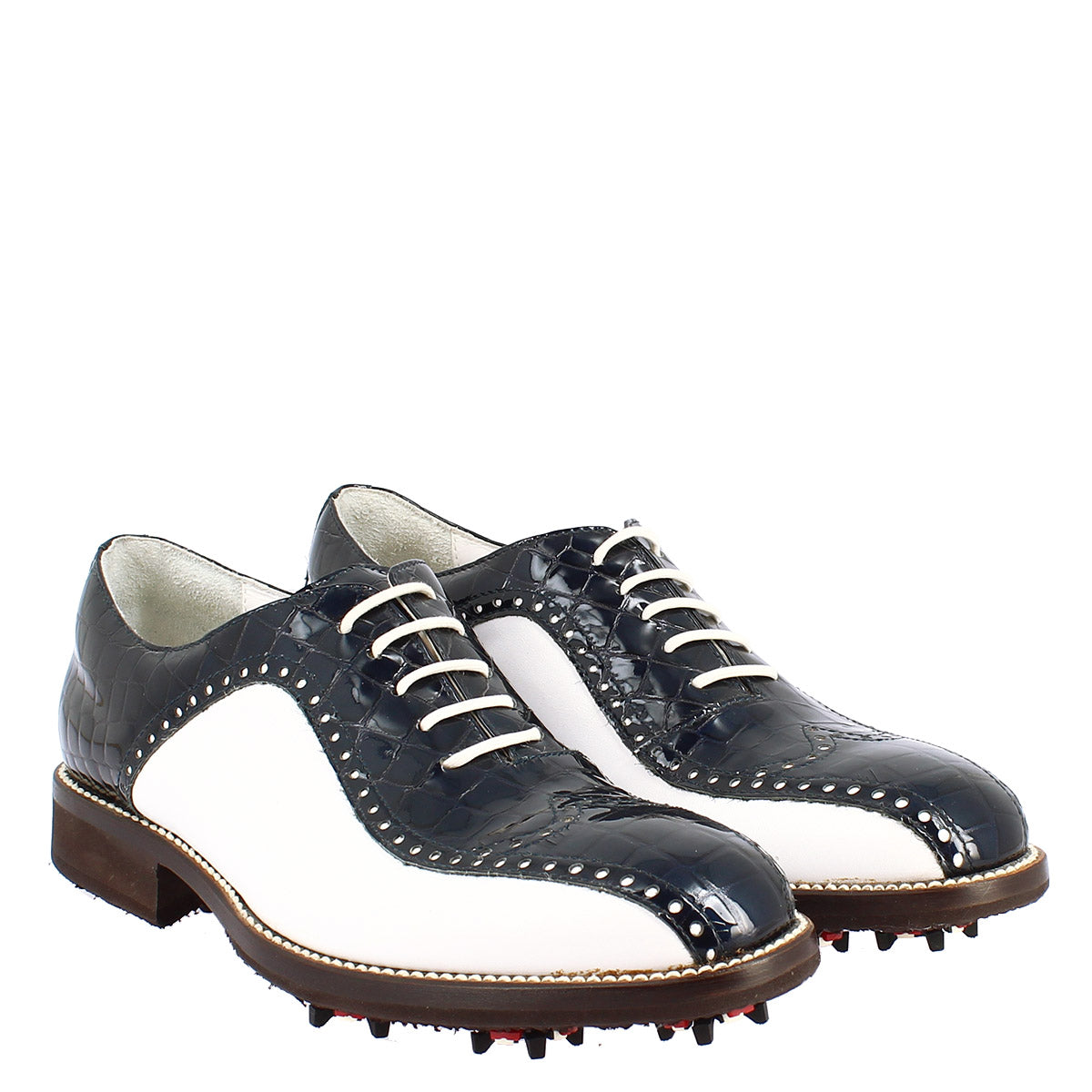 Chaussures de golf en cuir pleine fleur pour femmes, fabriquées à la main, blanc coco bleu