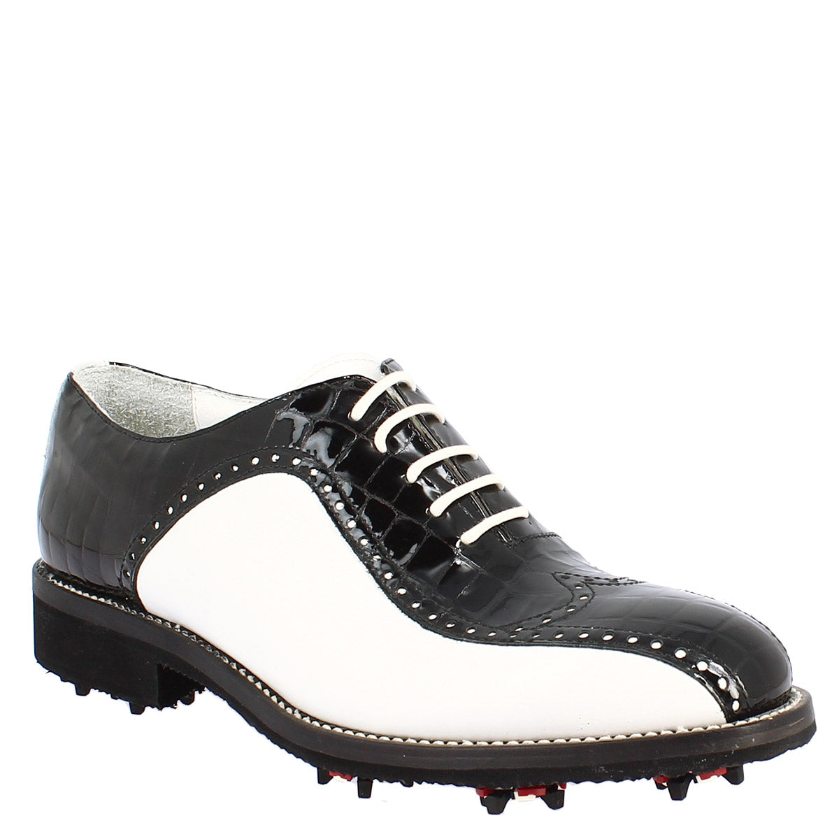 Scarpe golf donna artigianali in pelle pieno fiore bianco cocco nero