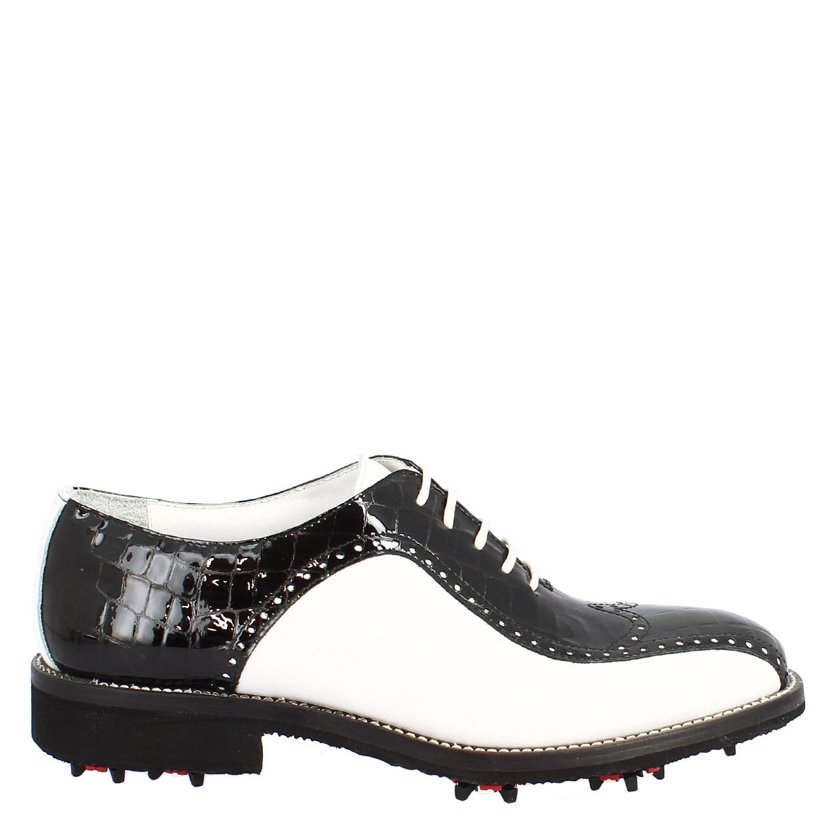 Scarpe golf uomo artigianali in pelle pieno fiore bianco cocco nero