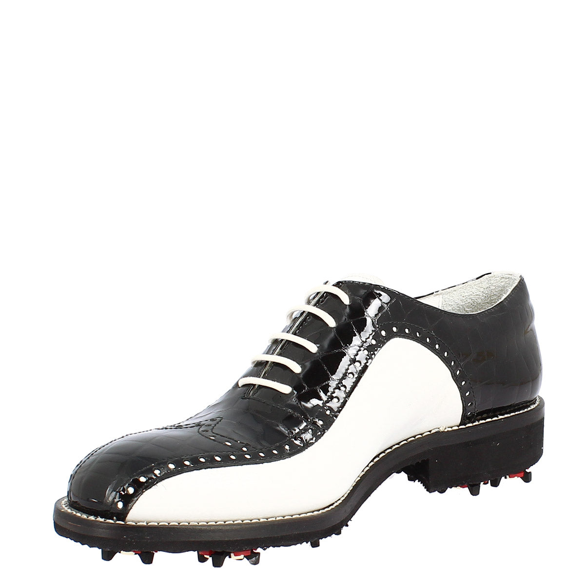 Scarpe golf uomo artigianali in pelle pieno fiore bianco cocco nero