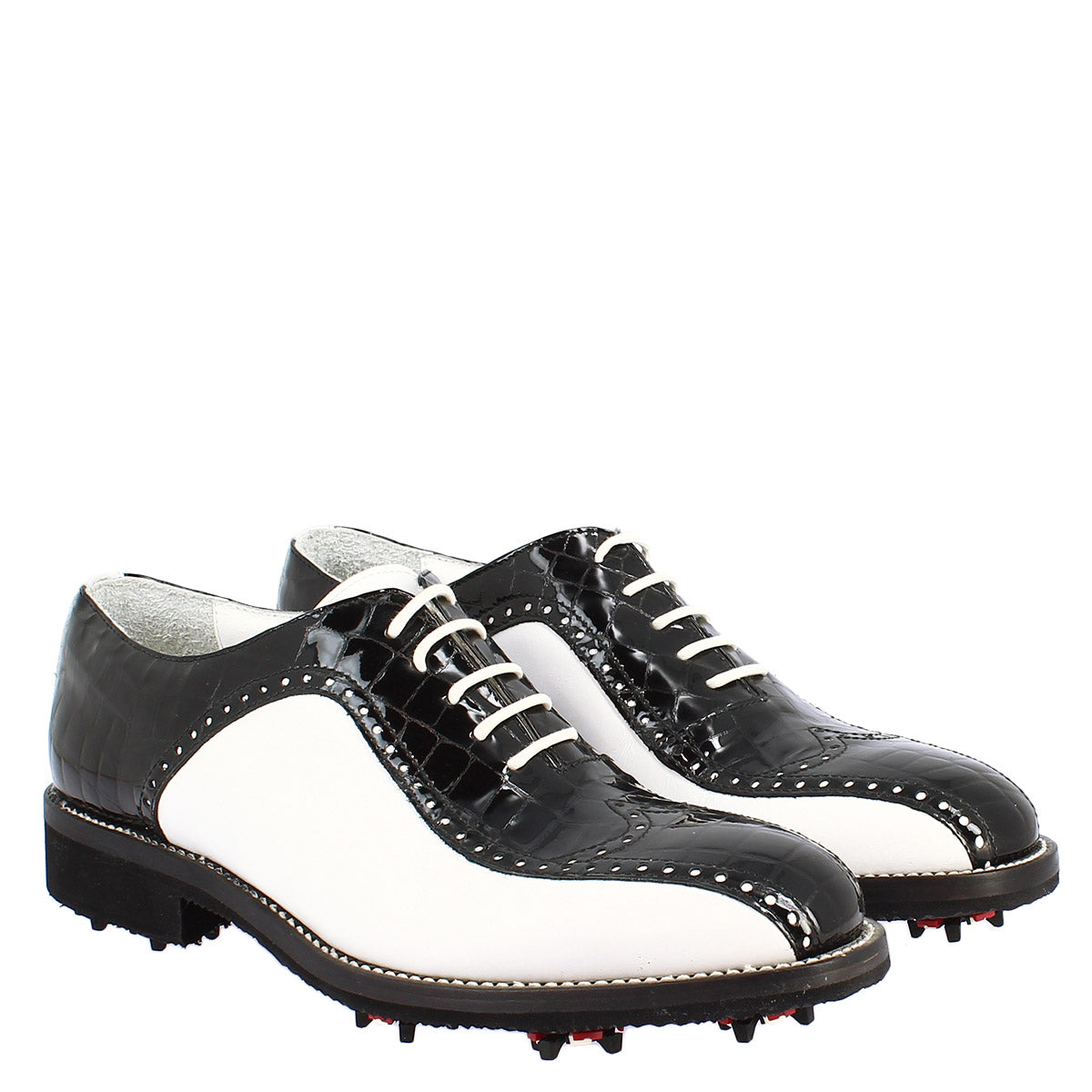 Scarpe golf uomo artigianali in pelle pieno fiore bianco cocco nero