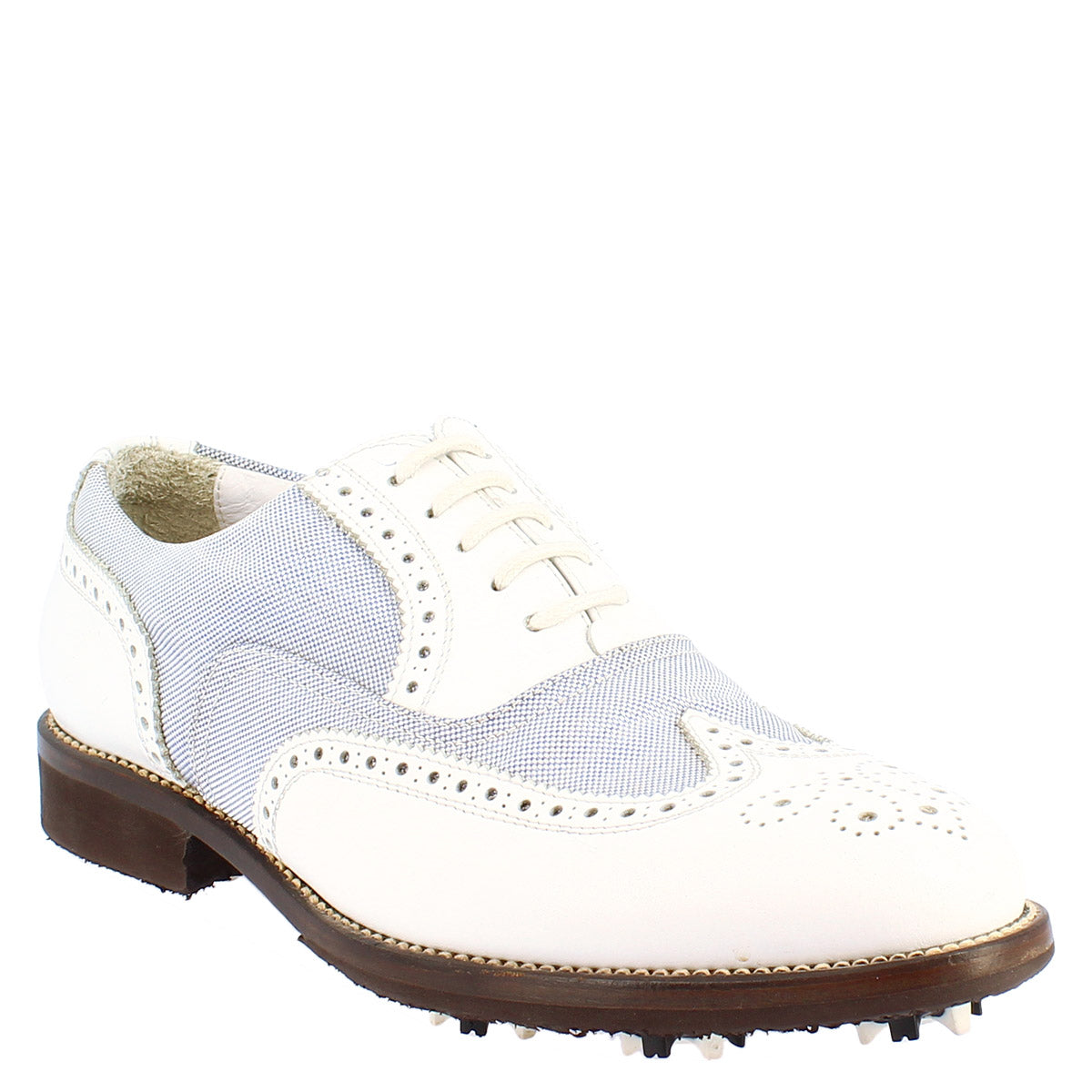 Handmade white leather and fabric summer men's golf shoes