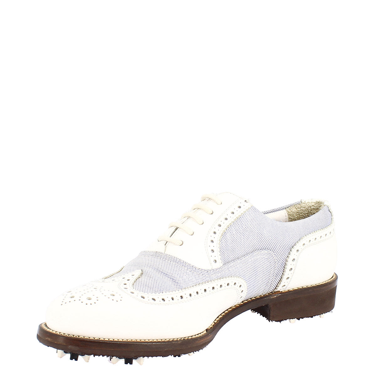 Handmade white leather and fabric summer men's golf shoes