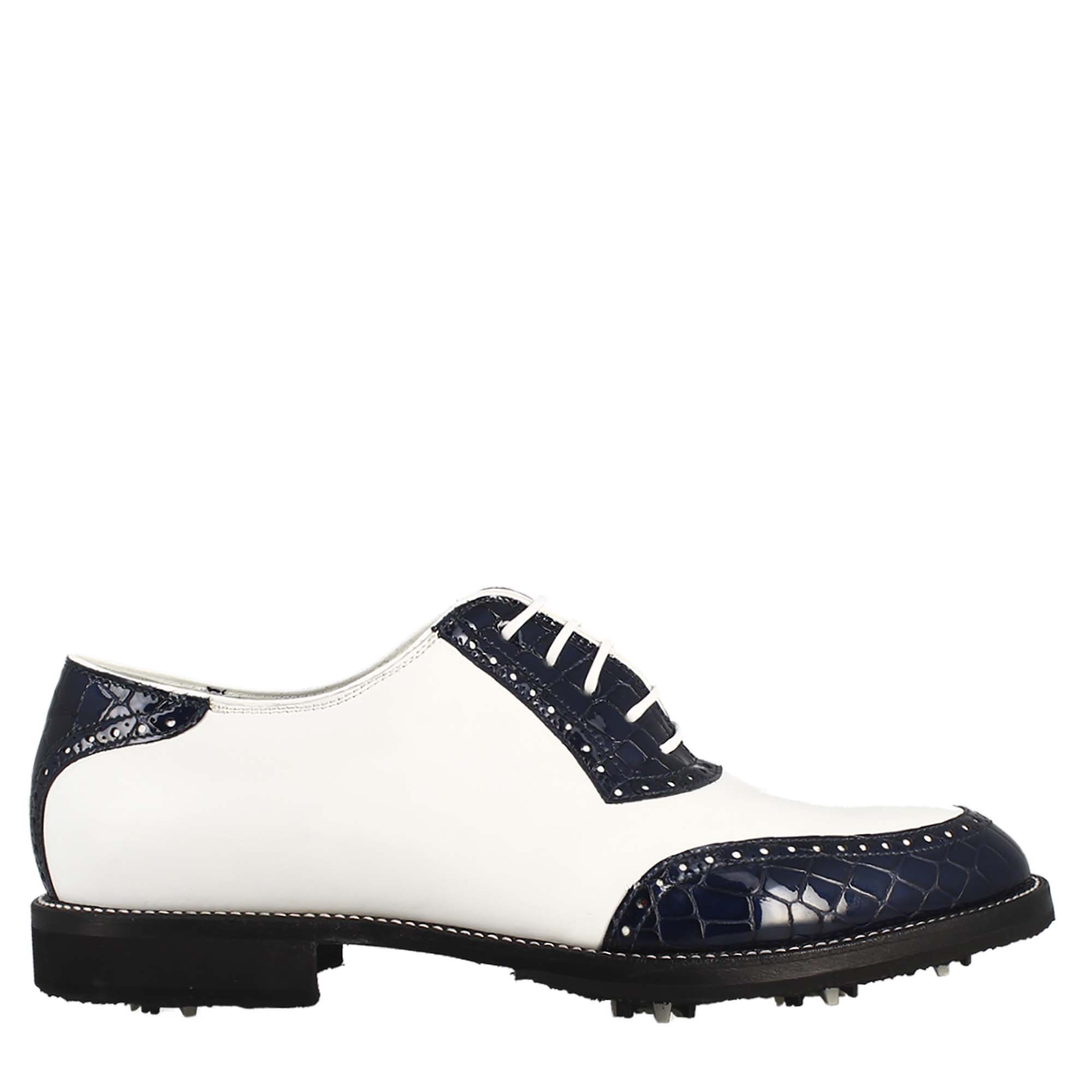 Handcrafted men's golf shoes in white leather and blue coconut