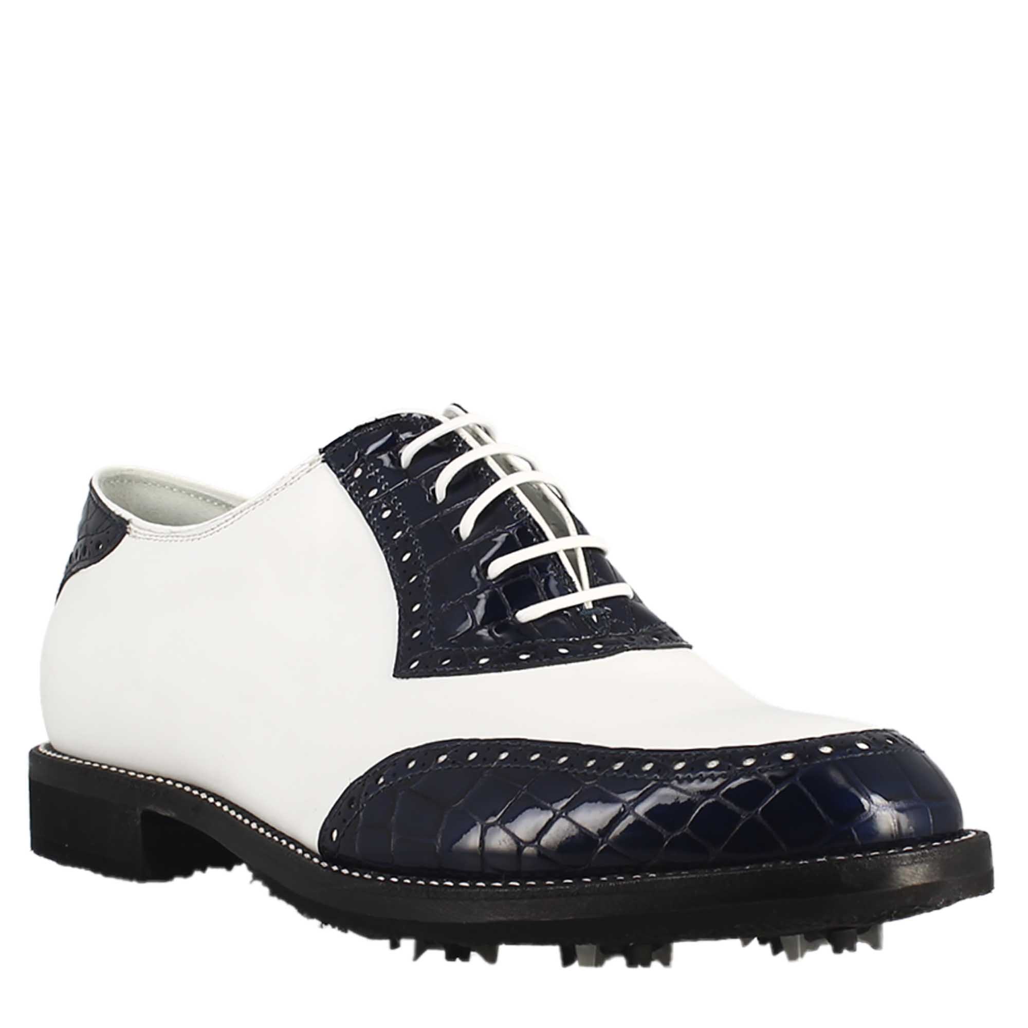 Scarpe golf artigianali in pelle bianco e cocco blu