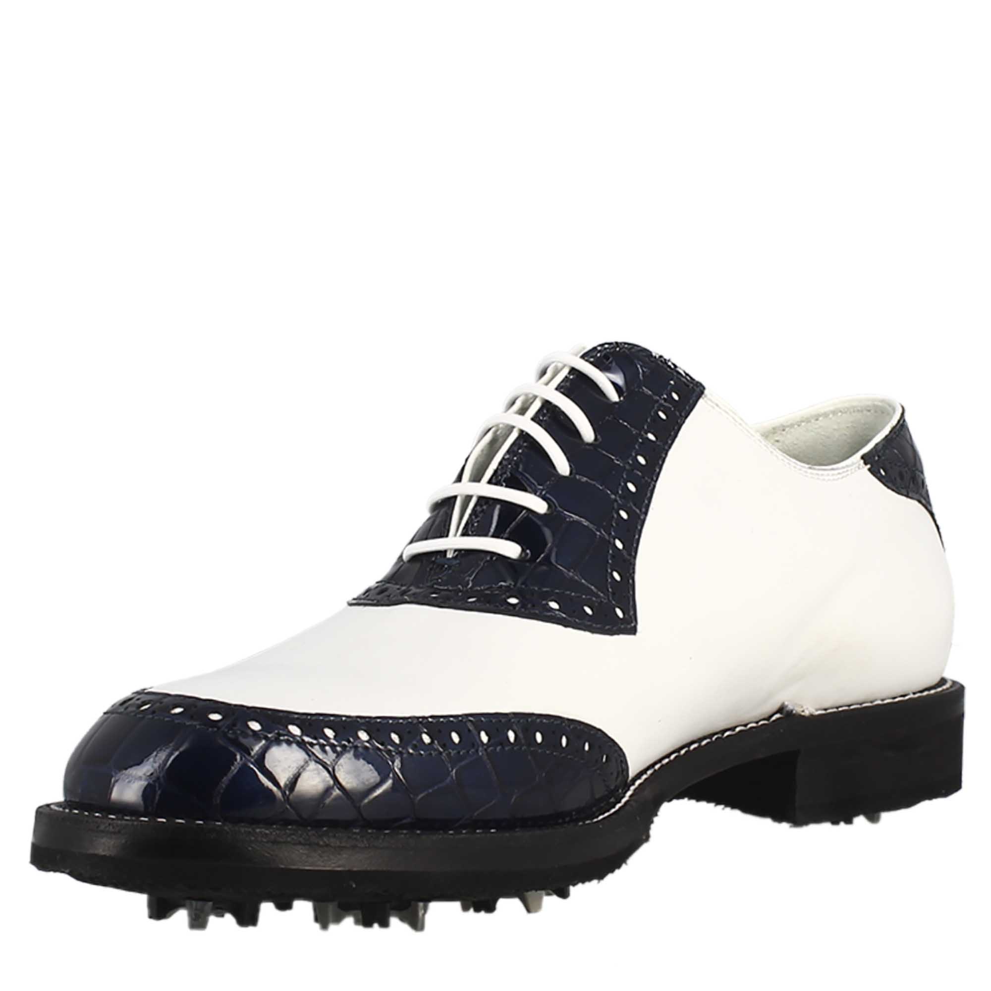 Chaussures de golf pour homme fabriquées à la main en cuir blanc et noix de coco bleue