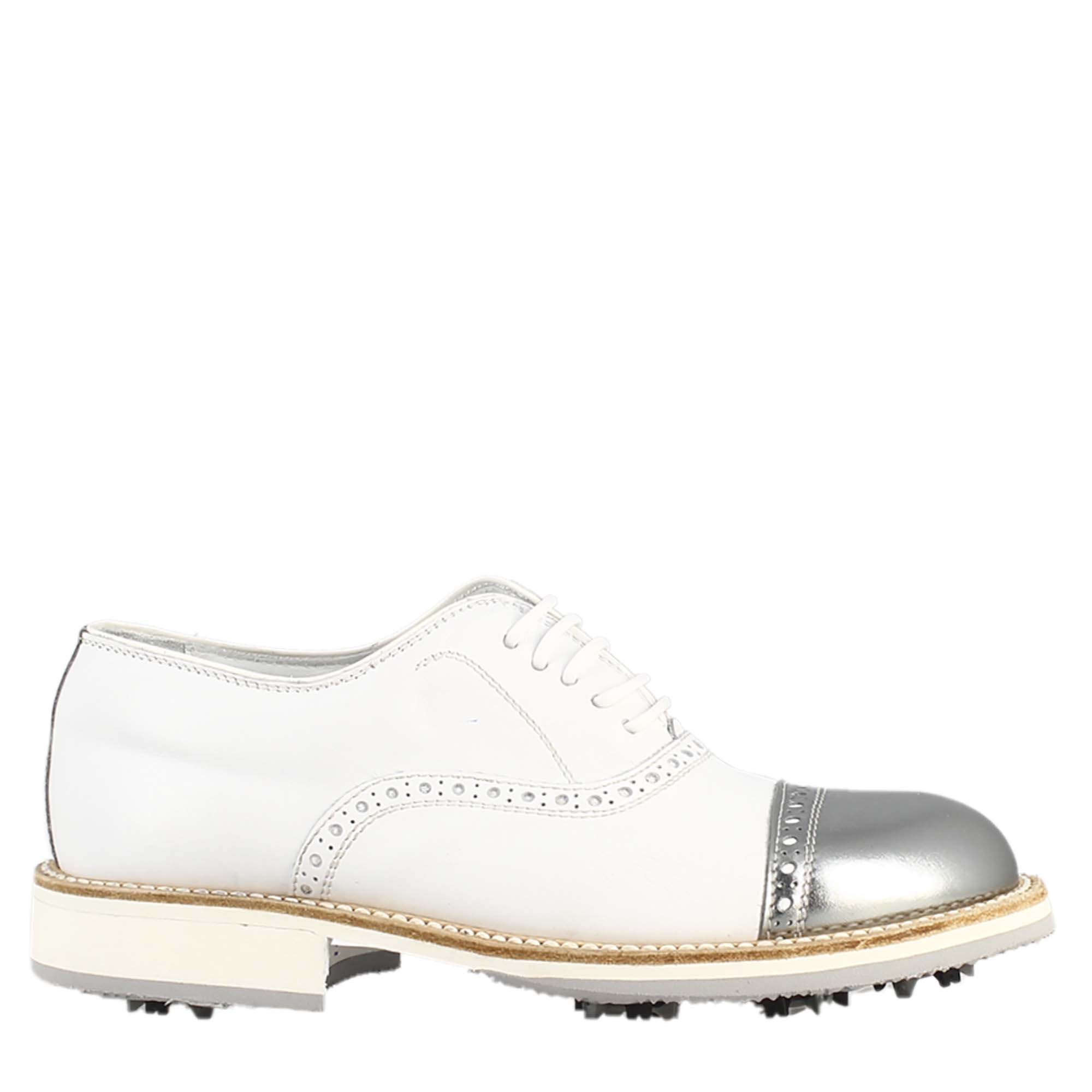 Handcrafted men's golf shoes in white leather and silver detailing