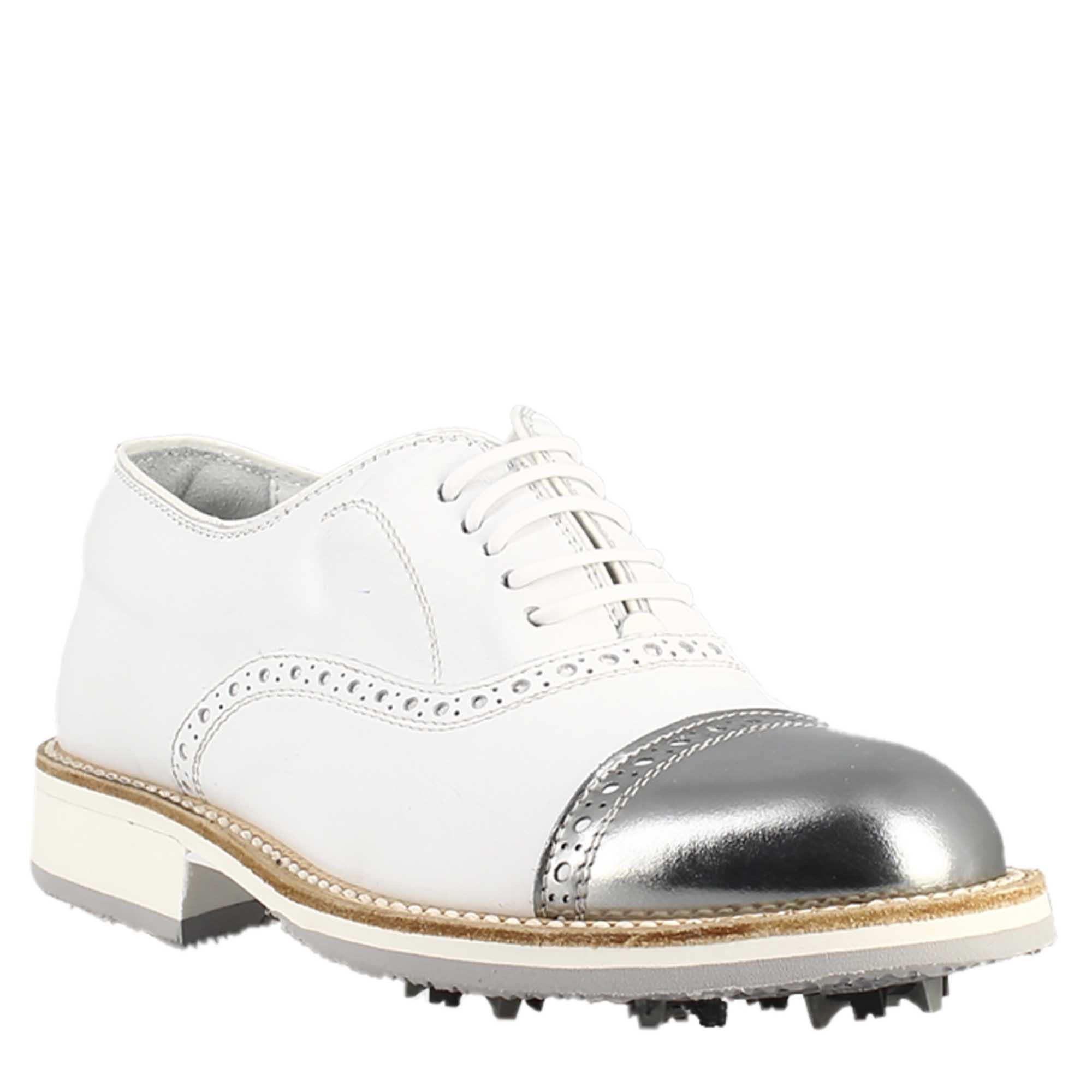 Scarpe golf artigianali in pelle bianco e dettagli in argento