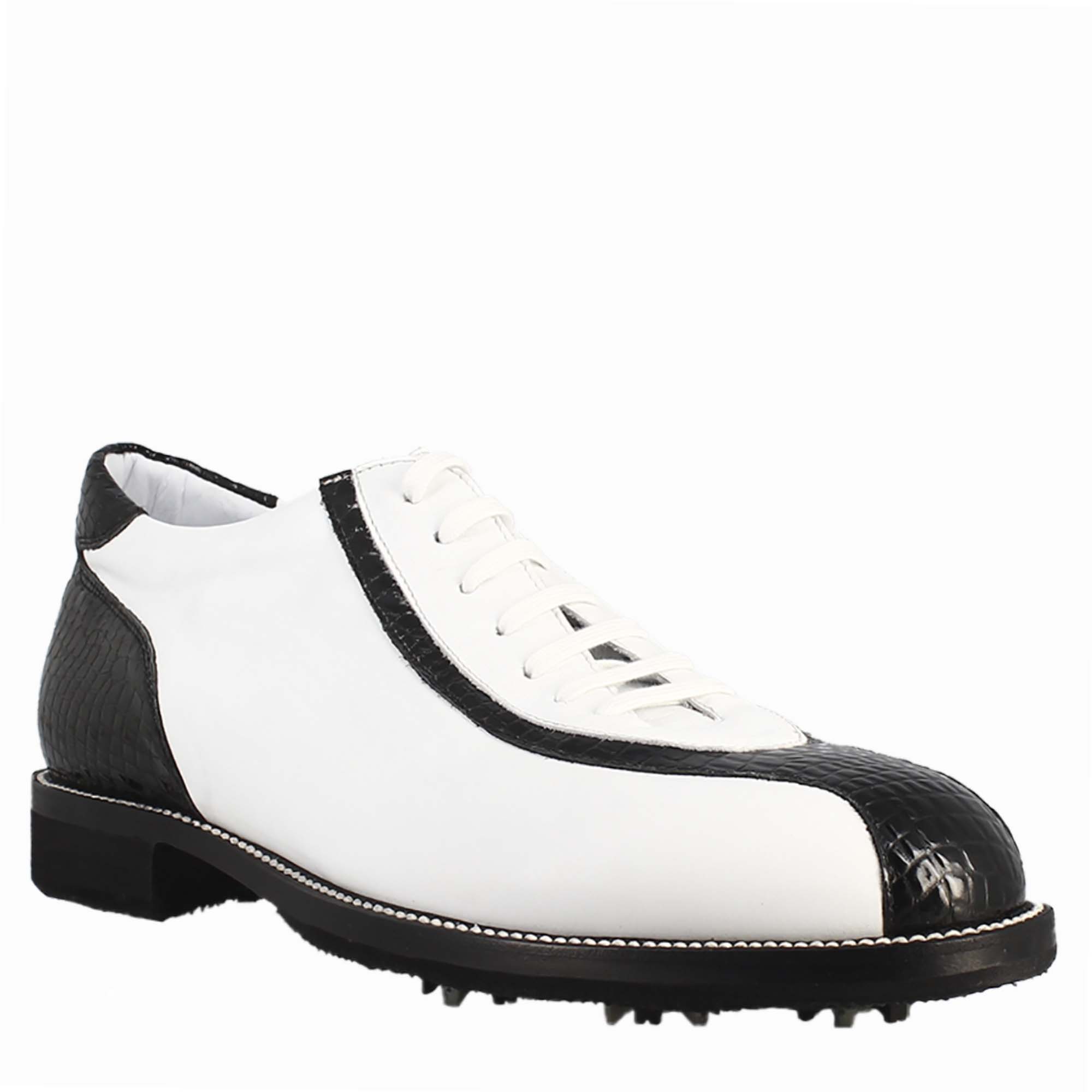 Handcrafted men's golf shoes in white leather and black coconut detailing