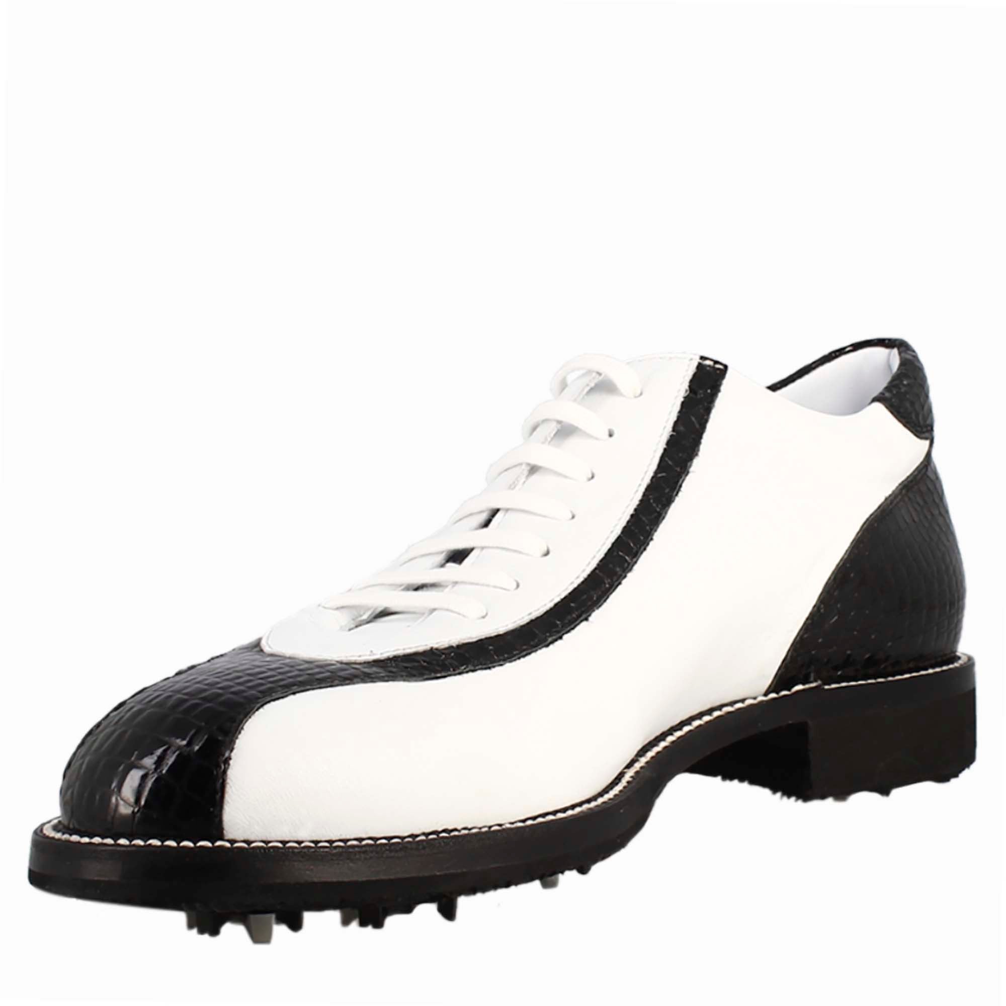 Chaussures de golf pour femme faites à la main en cuir pleine fleur bleu crocodile blanc