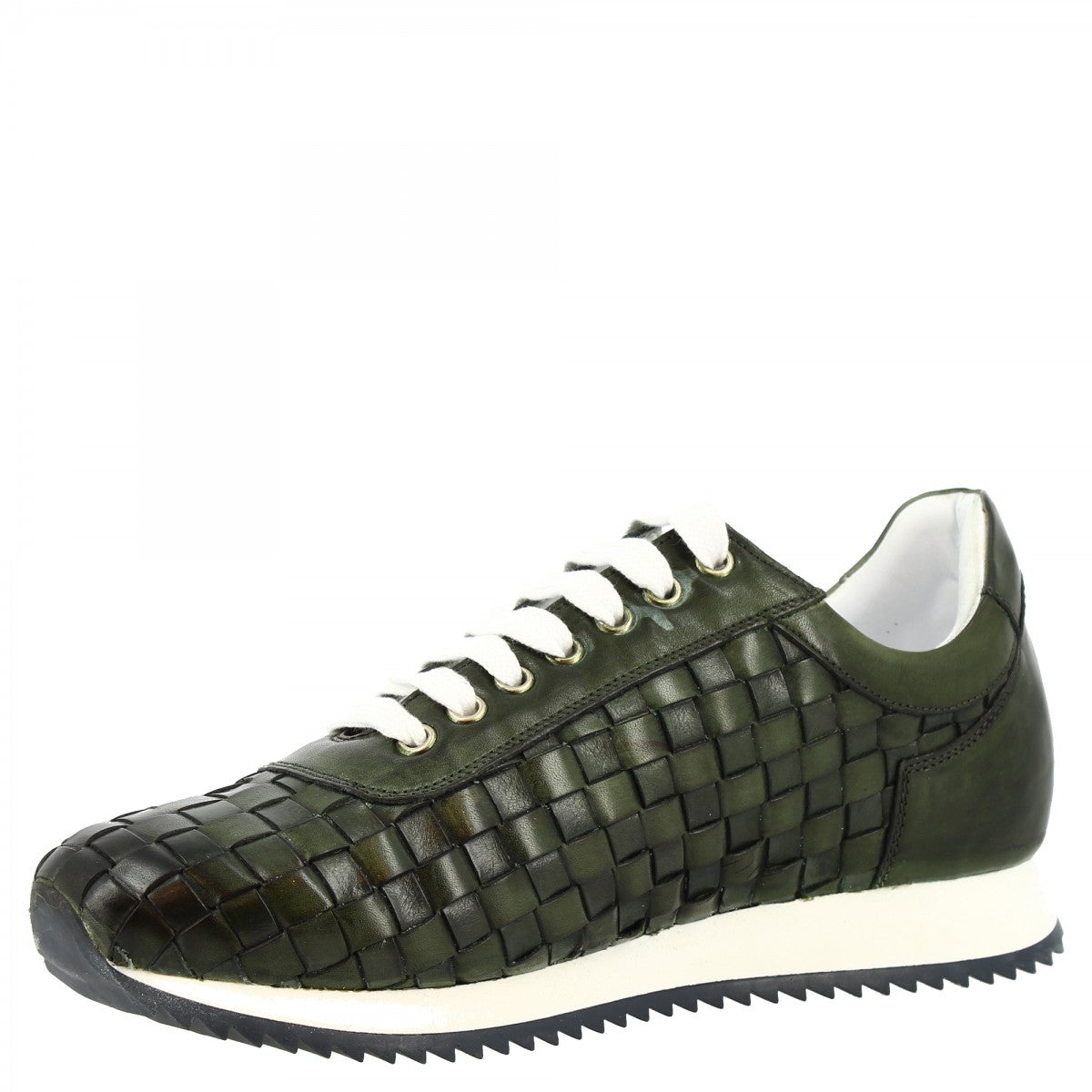 Sneakers casual da uomo fatte a mano in pelle di vitello intrecciata verde