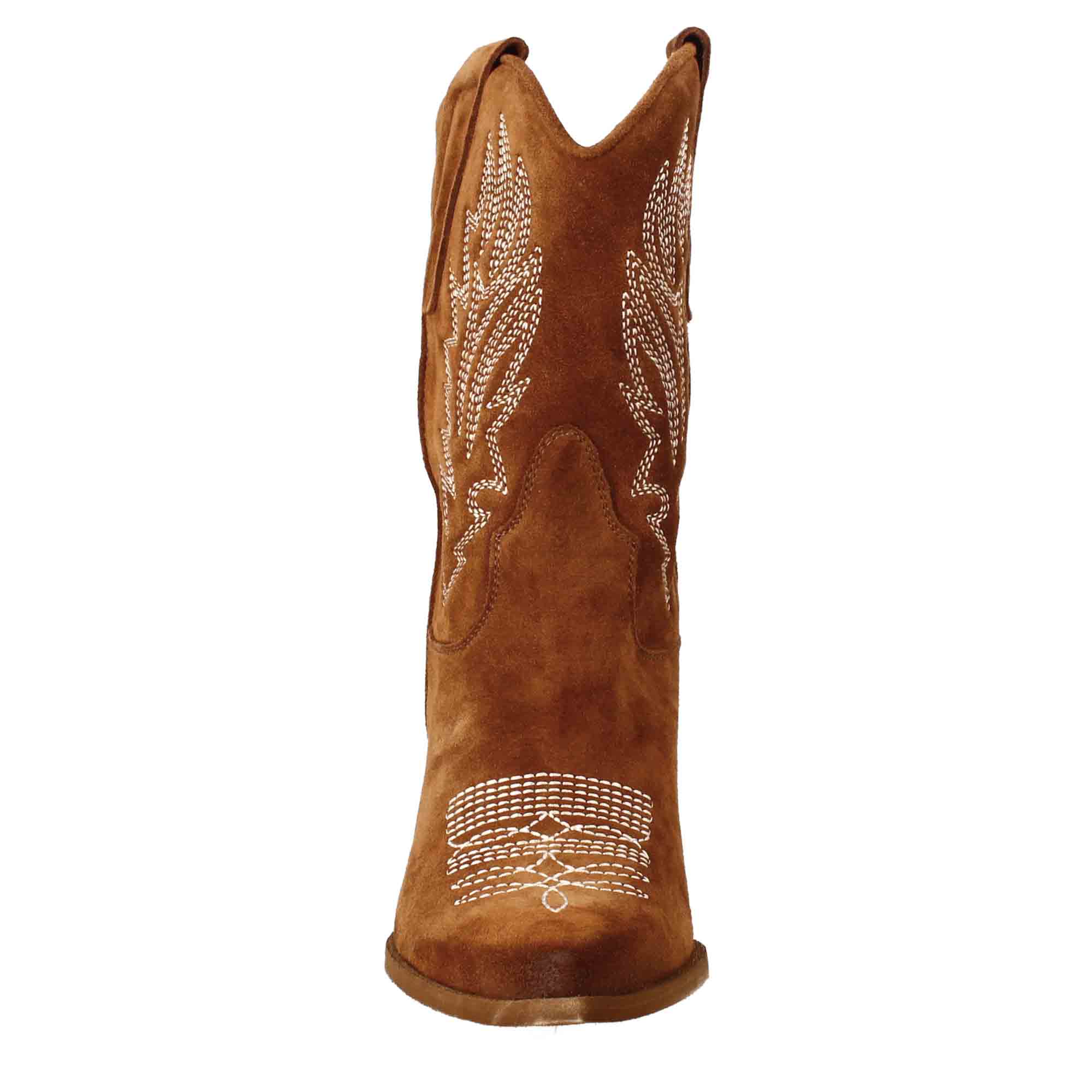 Low women's Texan boots in burnt brown suede with embroidery.