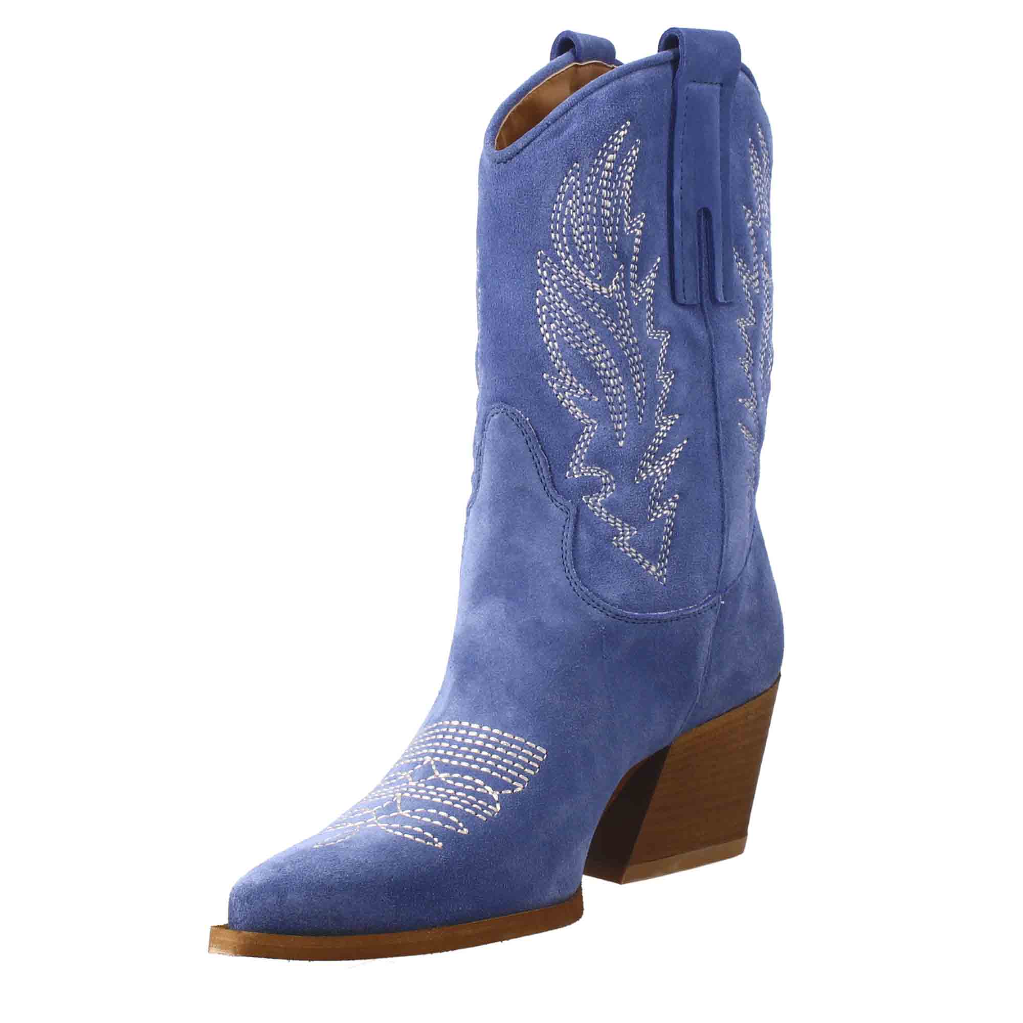 Texan women's ankle boot in light blue suede with embroidery.