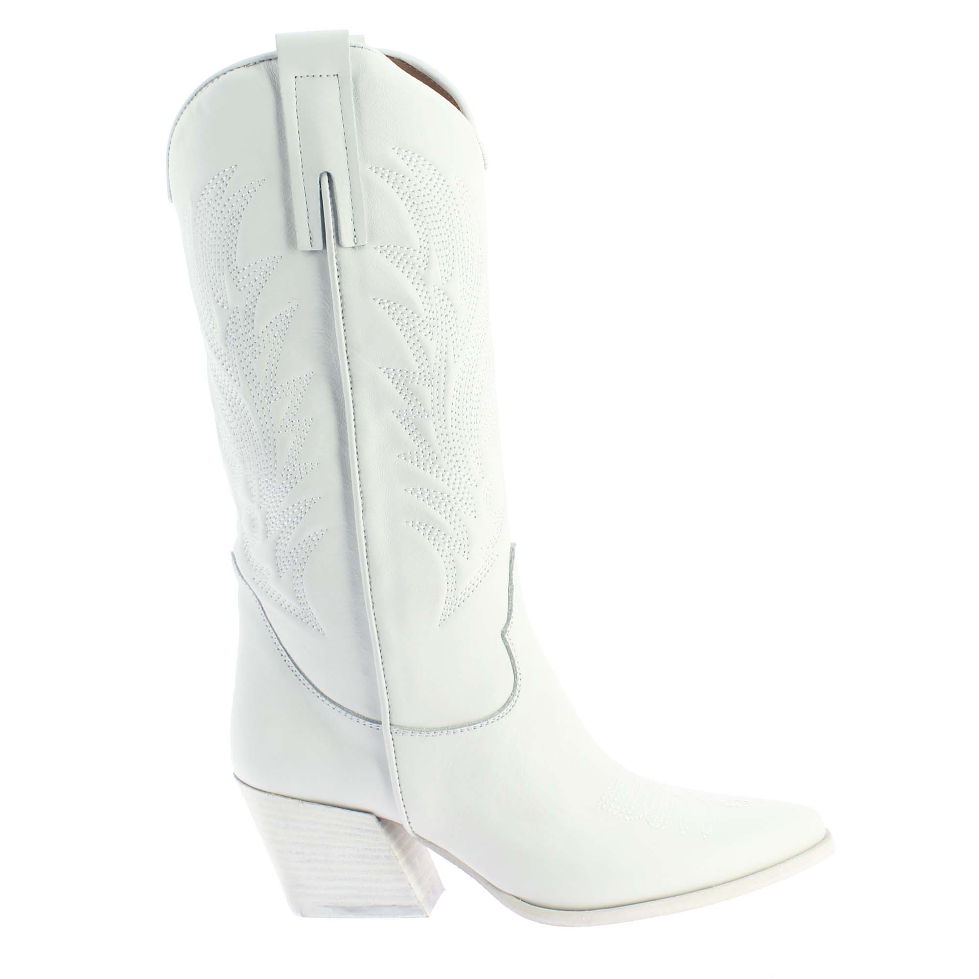 Bottes texanes moyennes pour femme en cuir blanc avec broderie.