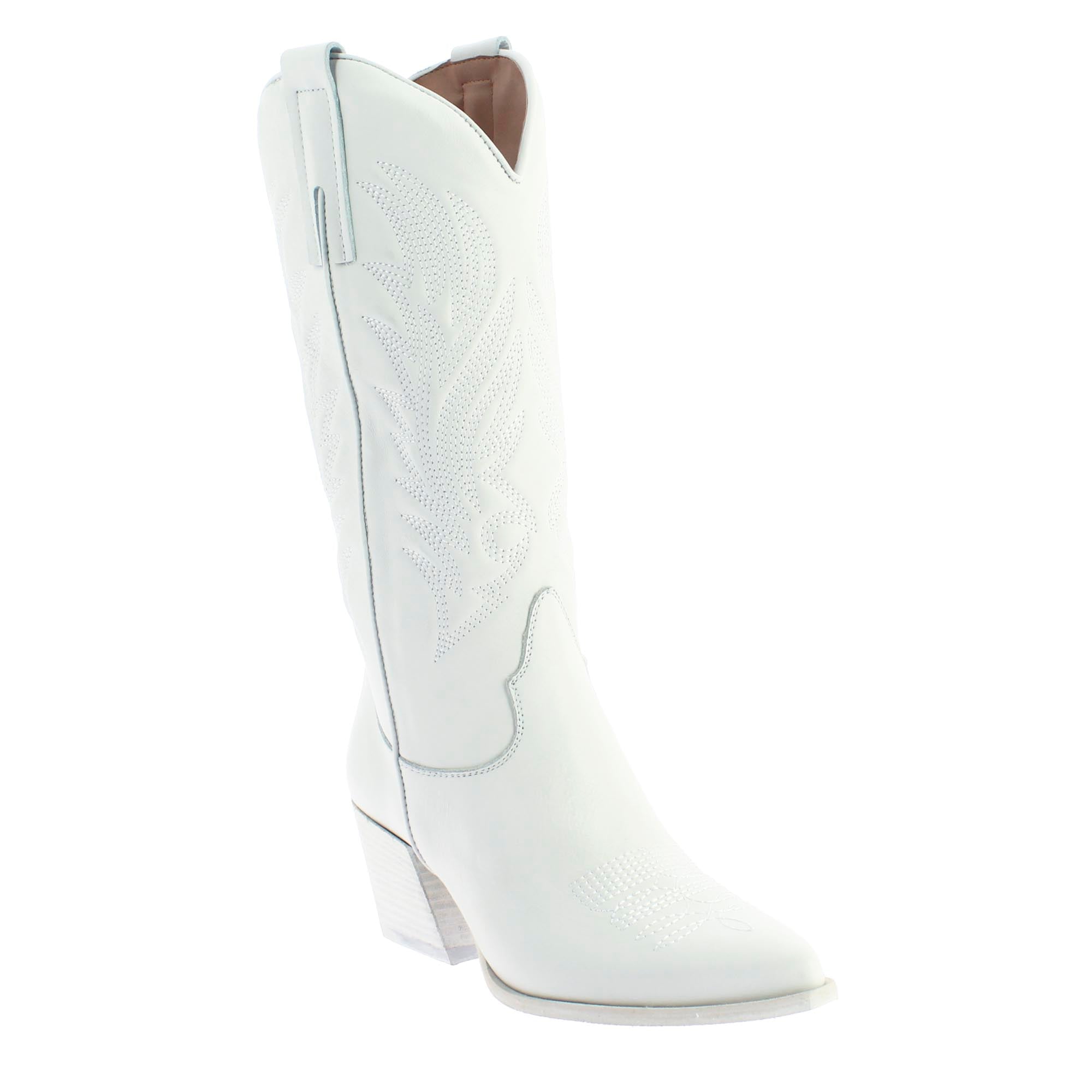 Bottes texanes moyennes pour femme en cuir blanc avec broderie.