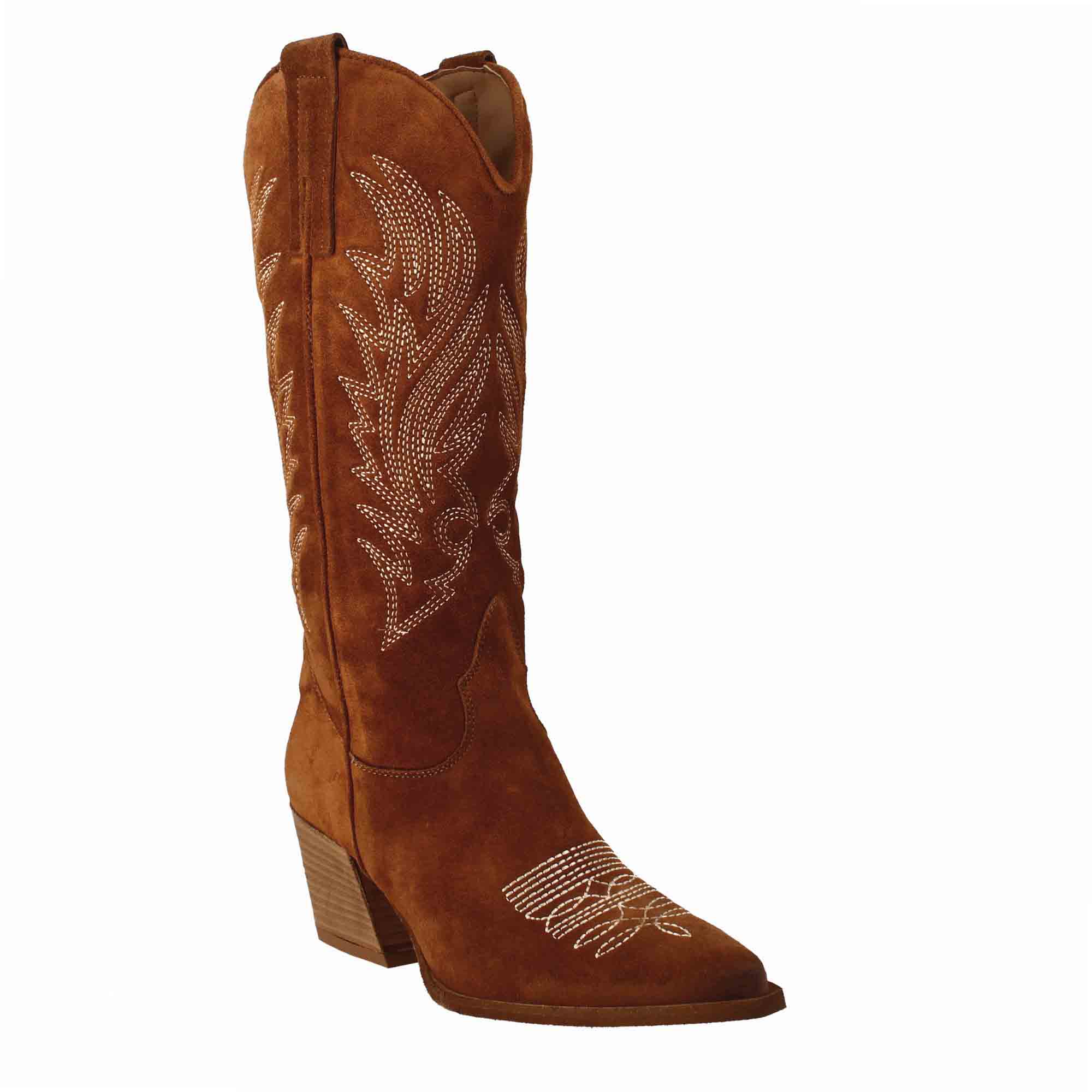 Women's medium Texan boots in brown suede with embroidery.